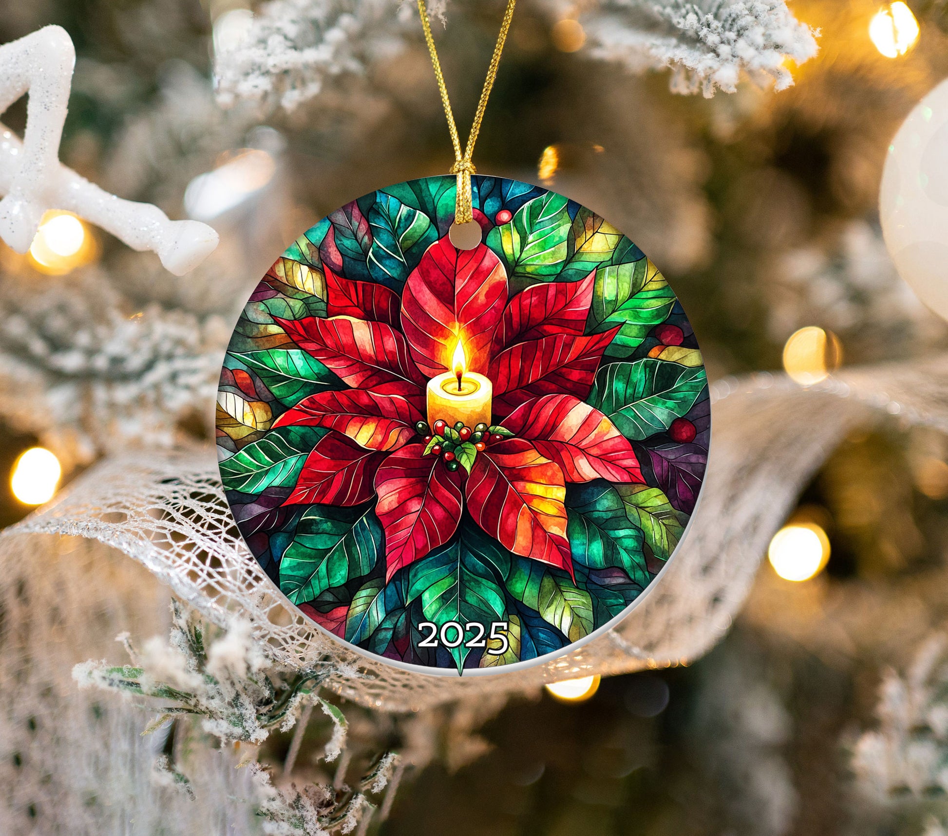 Stained Glass Poinsettia Candle Ornament, Colorful Christmas Keepsake, Festive Floral Holiday Decoration