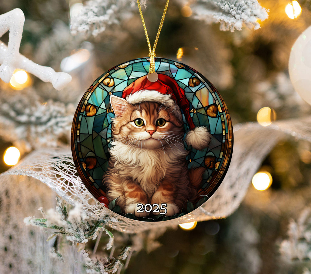 Merry Christmas Cat Stained Glass Ornament, 3D Ornament, Christmas Cat Decor, Cat Lover Cat Mom Gift