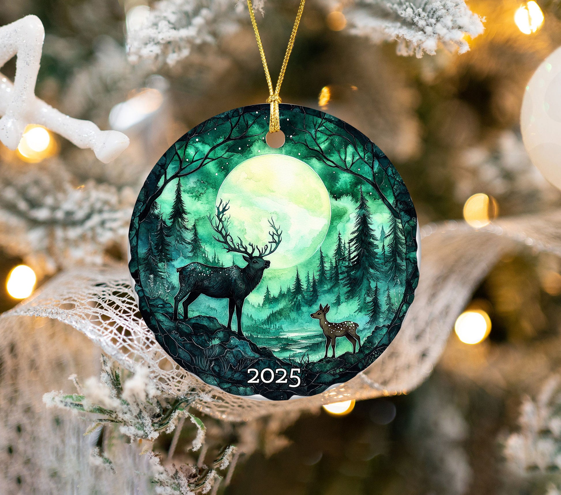 Moonlit Forest Deer Ornament 2025, Winter Scene Christmas Keepsake, Holiday Decor