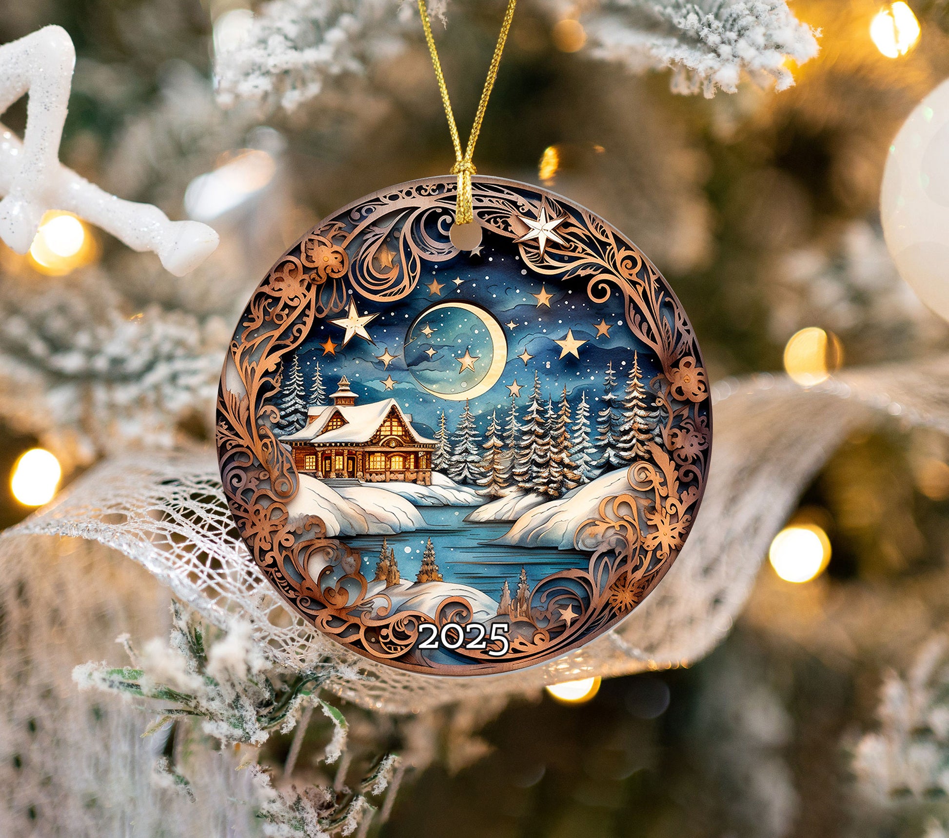 Vintage Cozy Cabin Christmas Ornament, Gift For Family, Tree Ornament