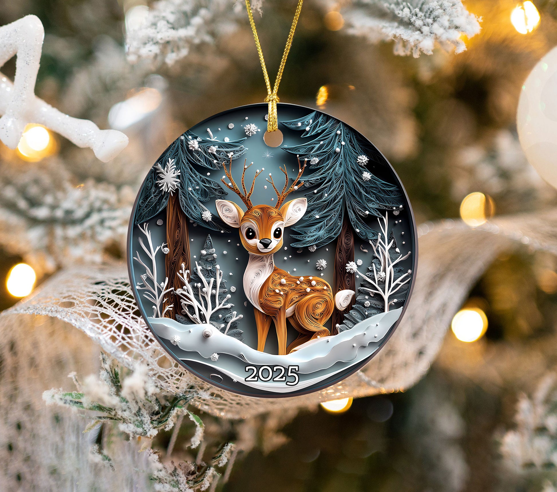 Winter Deer Woodland Ornament, Forest Animal Ornament, Christmas Ornament