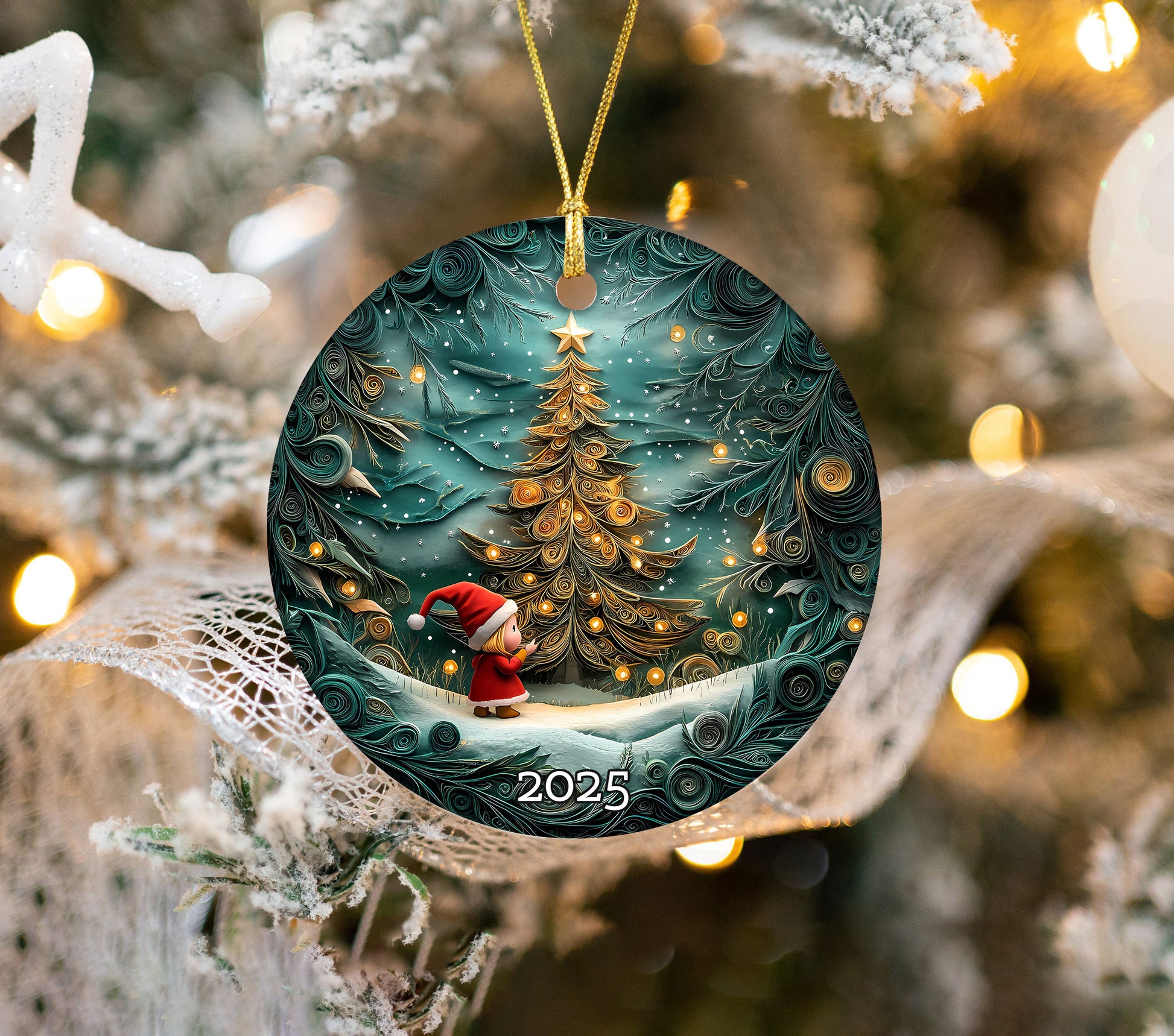 Christmas Tree Art Ornament, Holiday Decor, Winter Scene, Unique Gift Idea