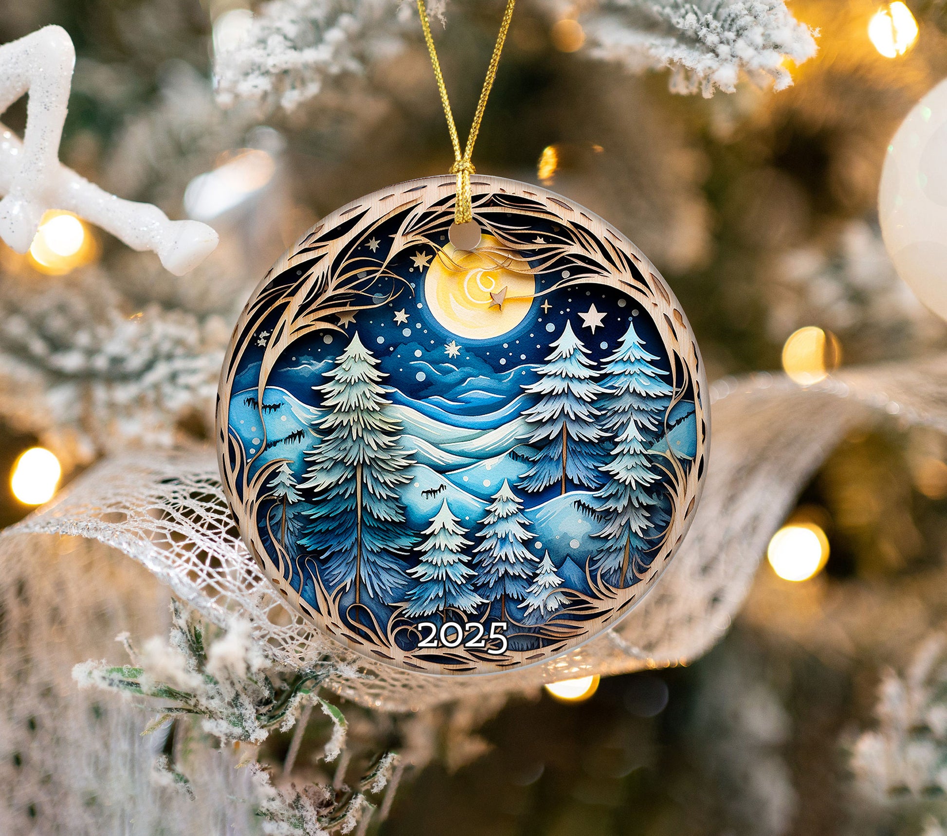 Christmas Night Winter Landscape Tree Decoration Ornament, Holiday Keepsake Gift for Nature Lovers