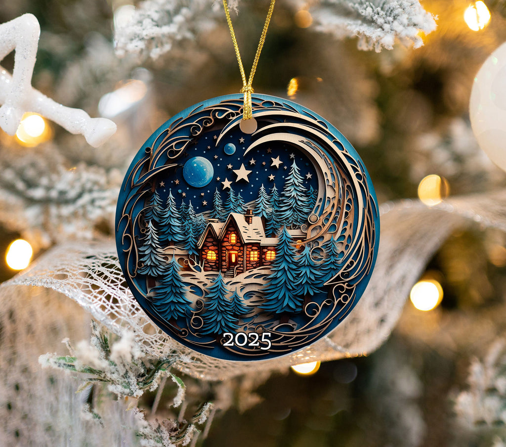 Cozy Cabin Christmas Ornament, Starry Sky Holiday Keepsake, Rustic Home Decor Gift for Nature Lovers