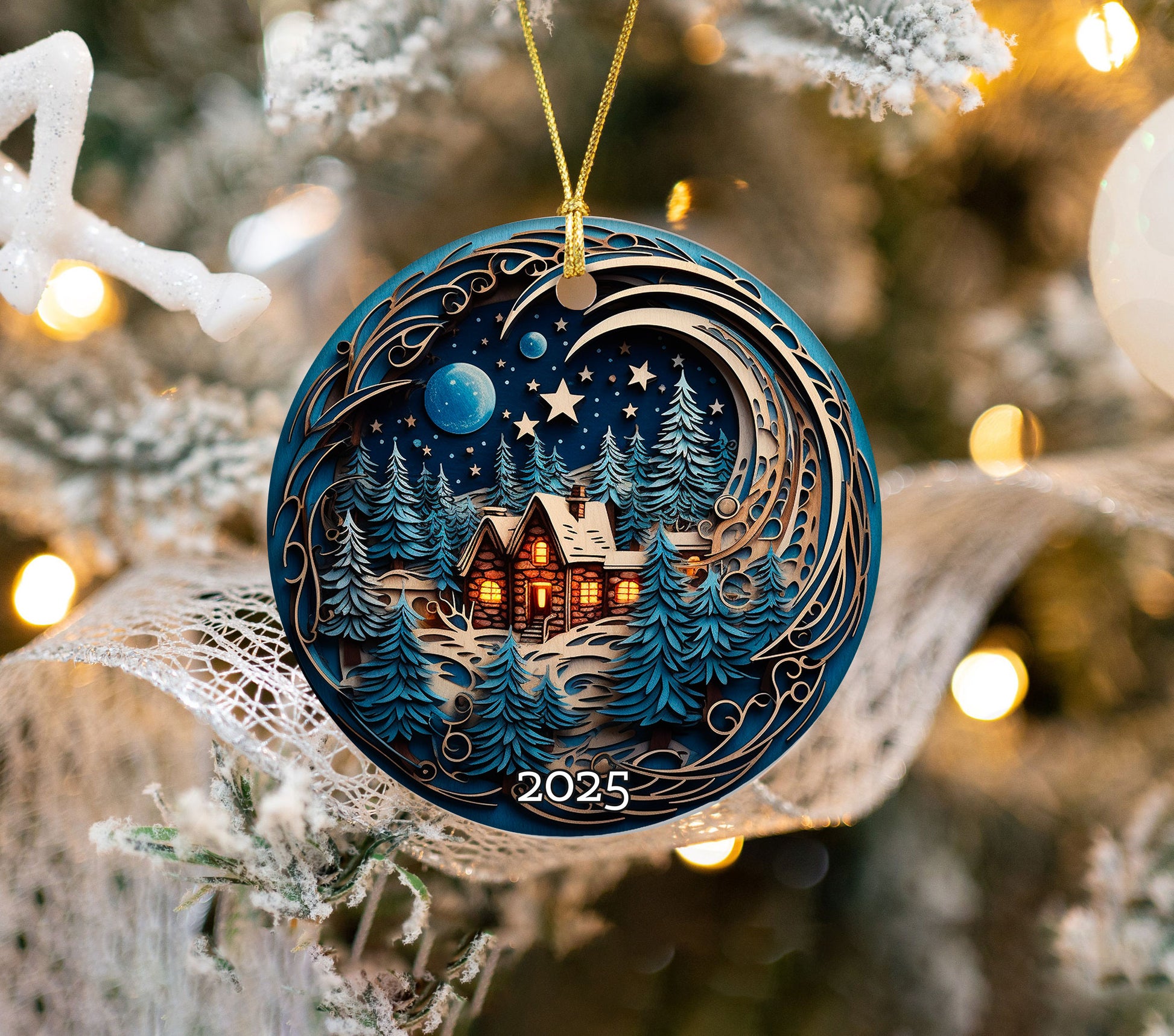 Cozy Cabin Christmas Ornament, Starry Sky Holiday Keepsake, Rustic Home Decor Gift for Nature Lovers