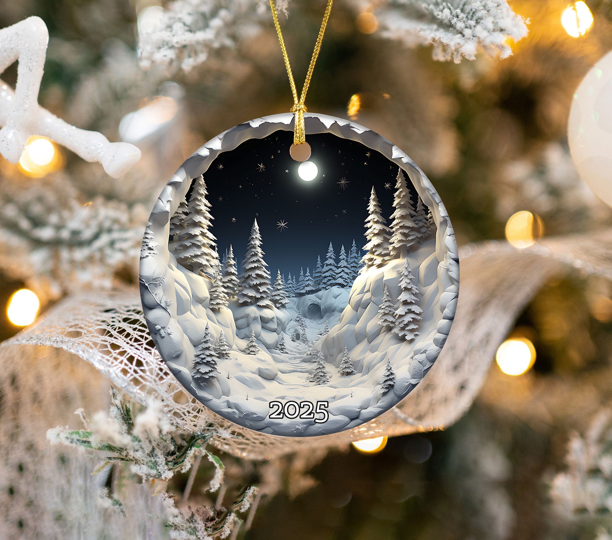 Snowy Forest Under Full Moon Serene Winter Ornament, Christmas Ornament 2025