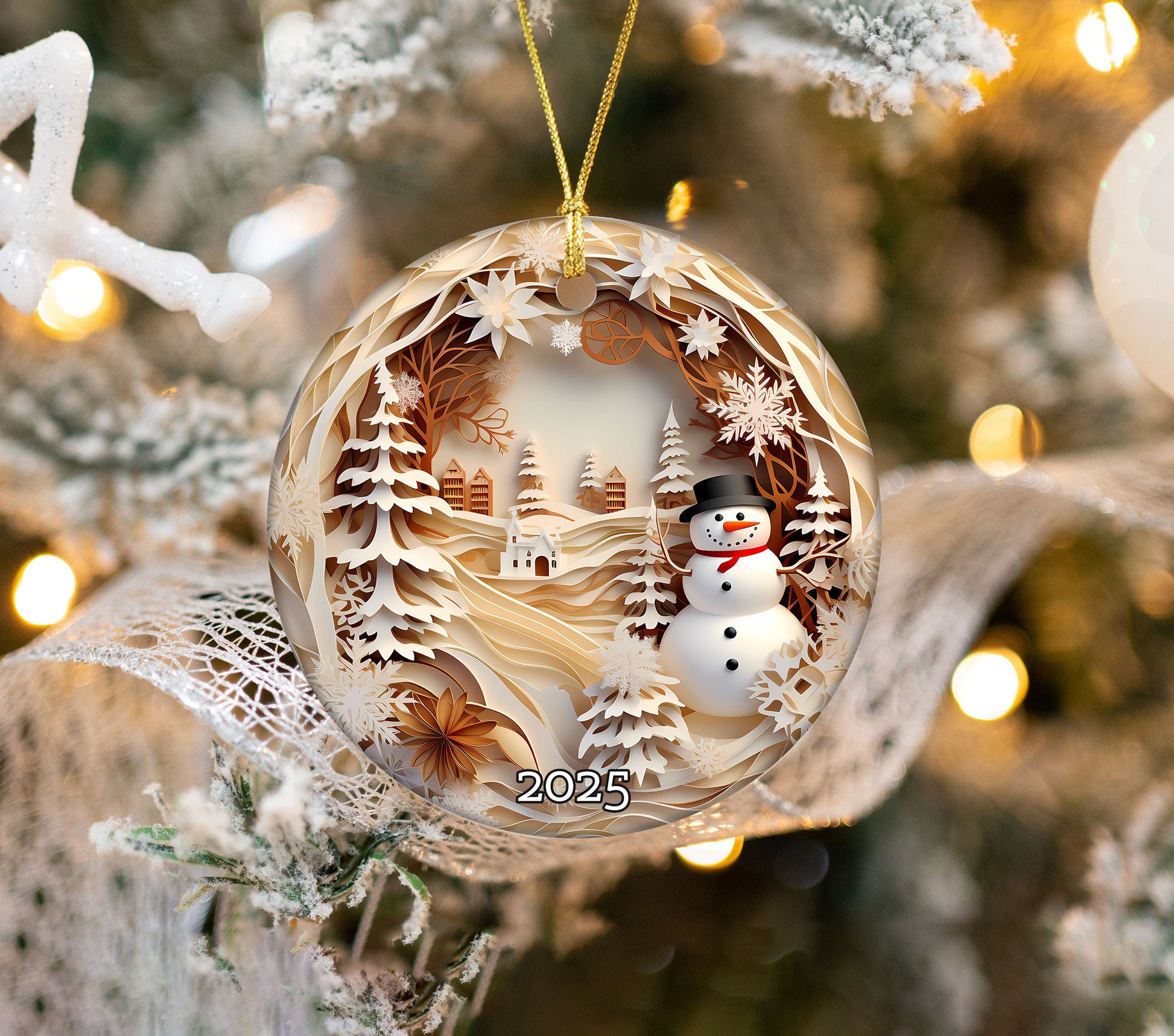 Snowman Village Scene Ornament,  Peaceful Winter Keepsake Gift, Tree Decoration Gift Idea