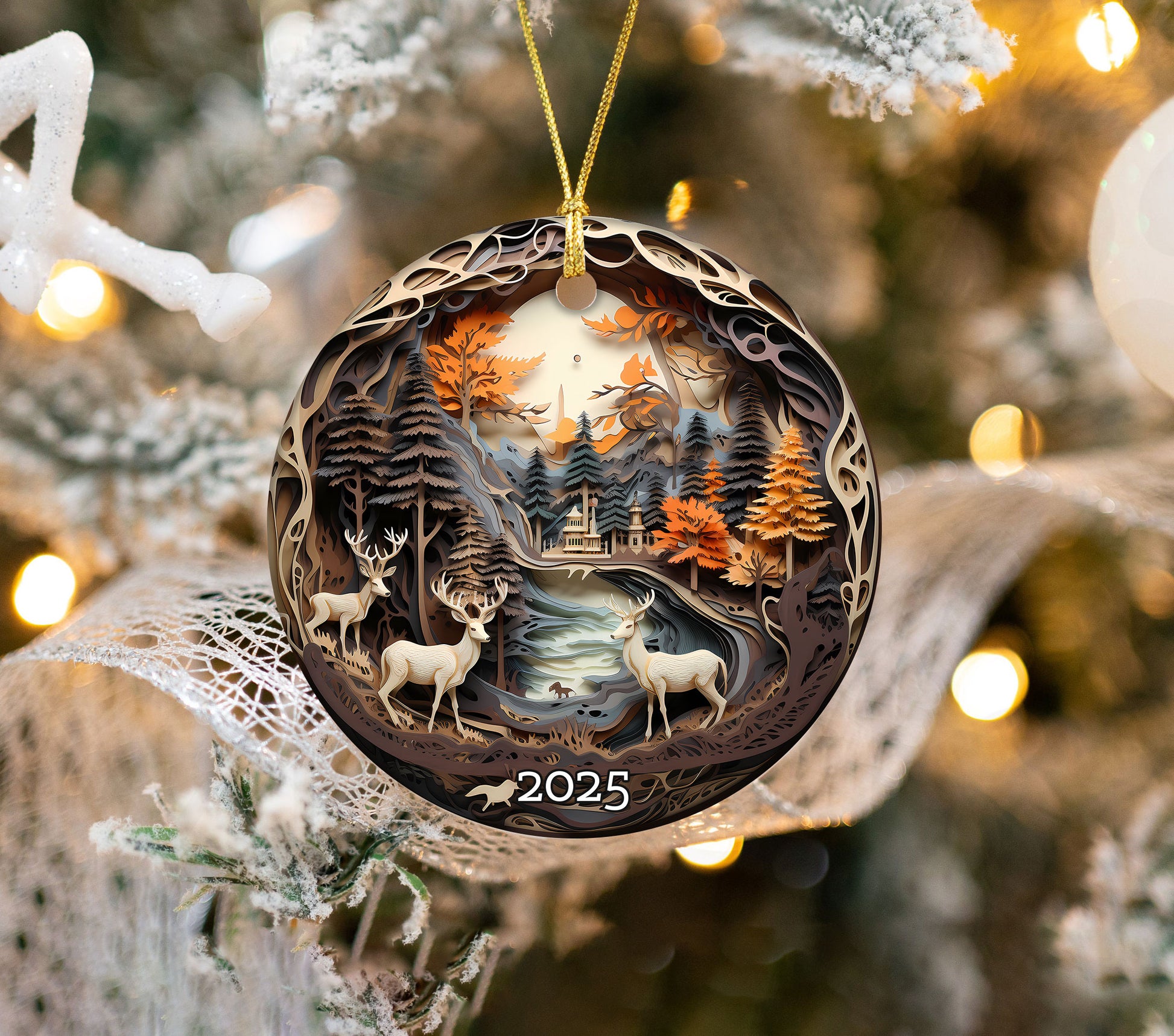 Winter Deer Scene Ornamen, Unique Keepsake for Rustic Holidays, Christmas Gift