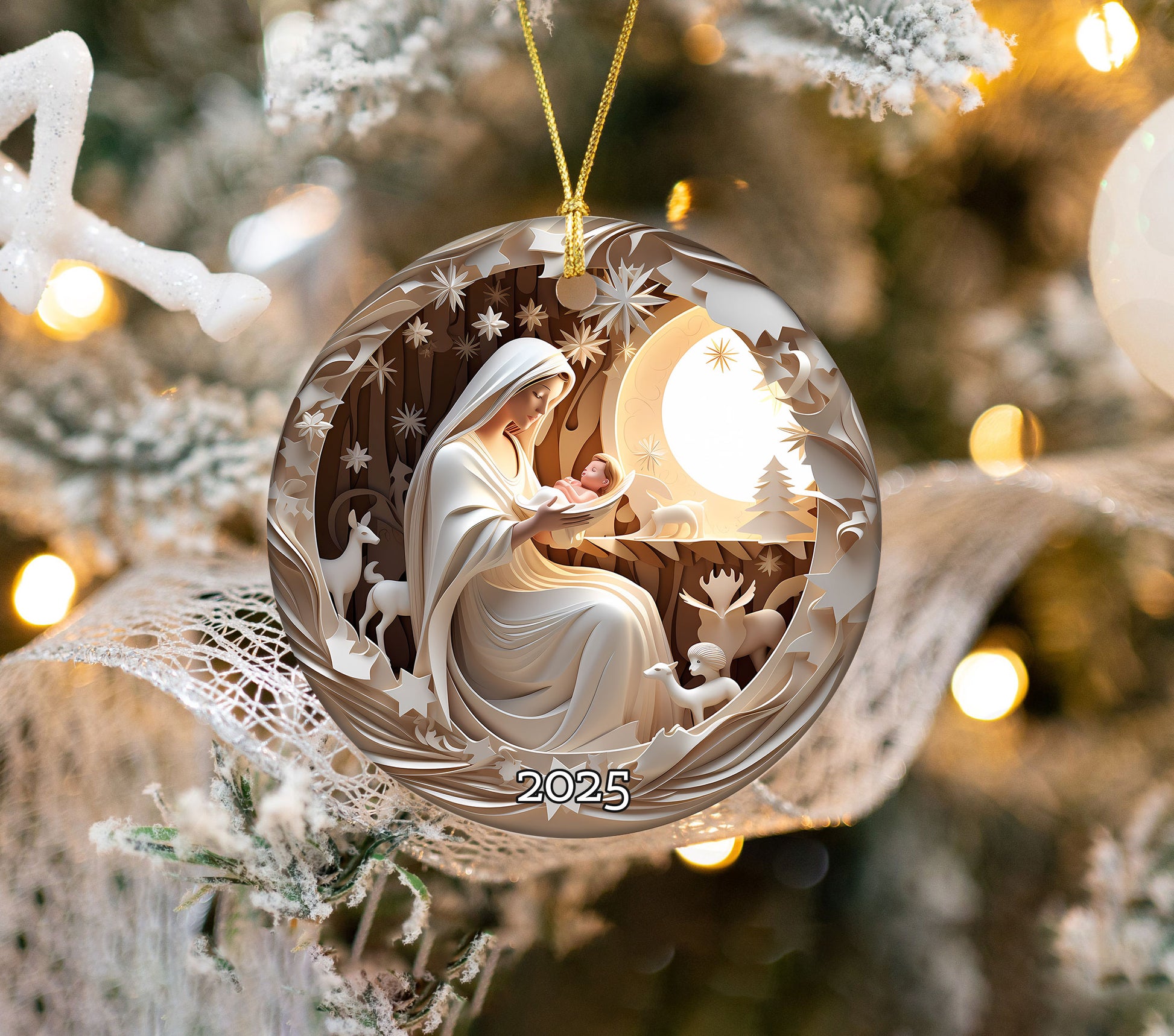 Nativity Ornament 3D Effect, White Nativity Scene Christmas Ornament
