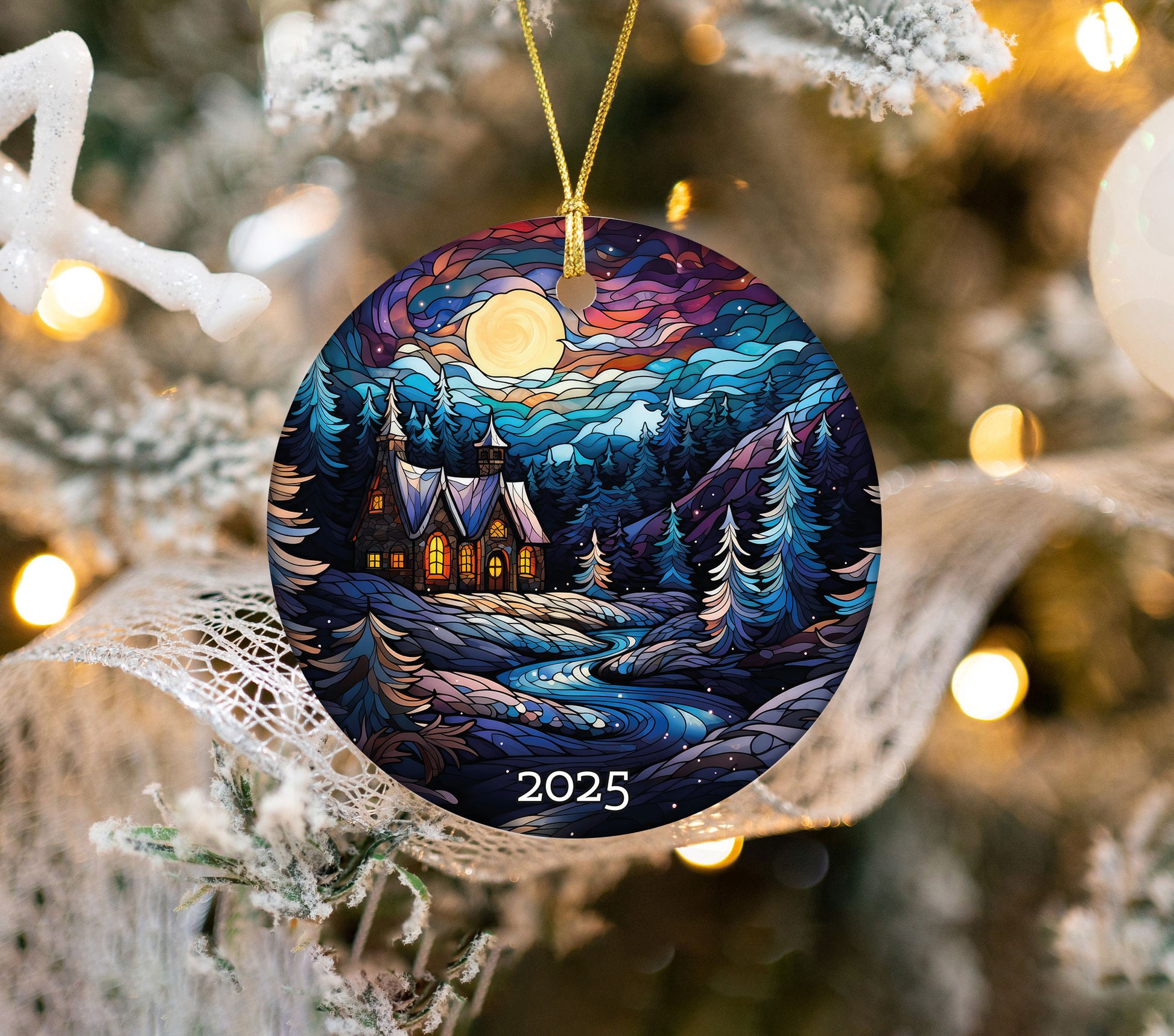 Christmas Night Stained Glass Style Ornament, Christmas Decoration, Holiday Gift Idea, Heirloom Keepsake