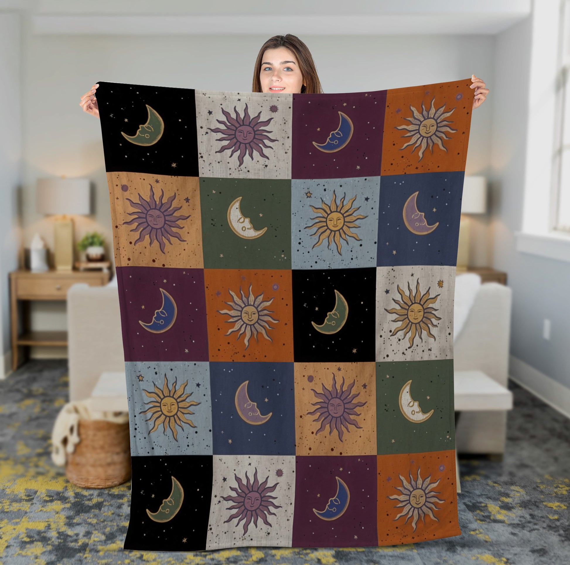 Mystic Sun Moon Boho Style, Celestial Checkerboard Throw Blanket