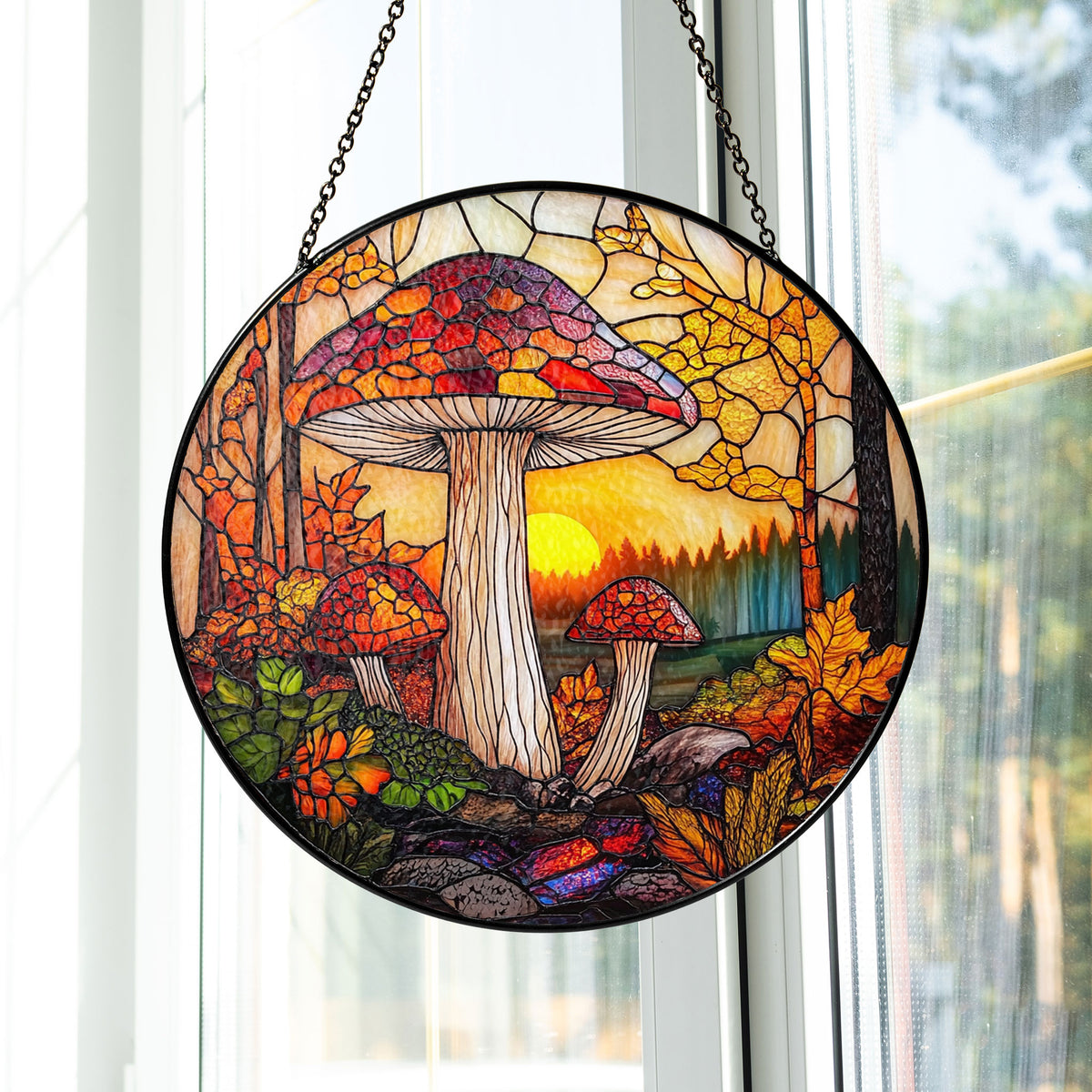 Sunset Mushroom Suncatcher, Window Stained Glass Style, Mushrooms for Home Decoration