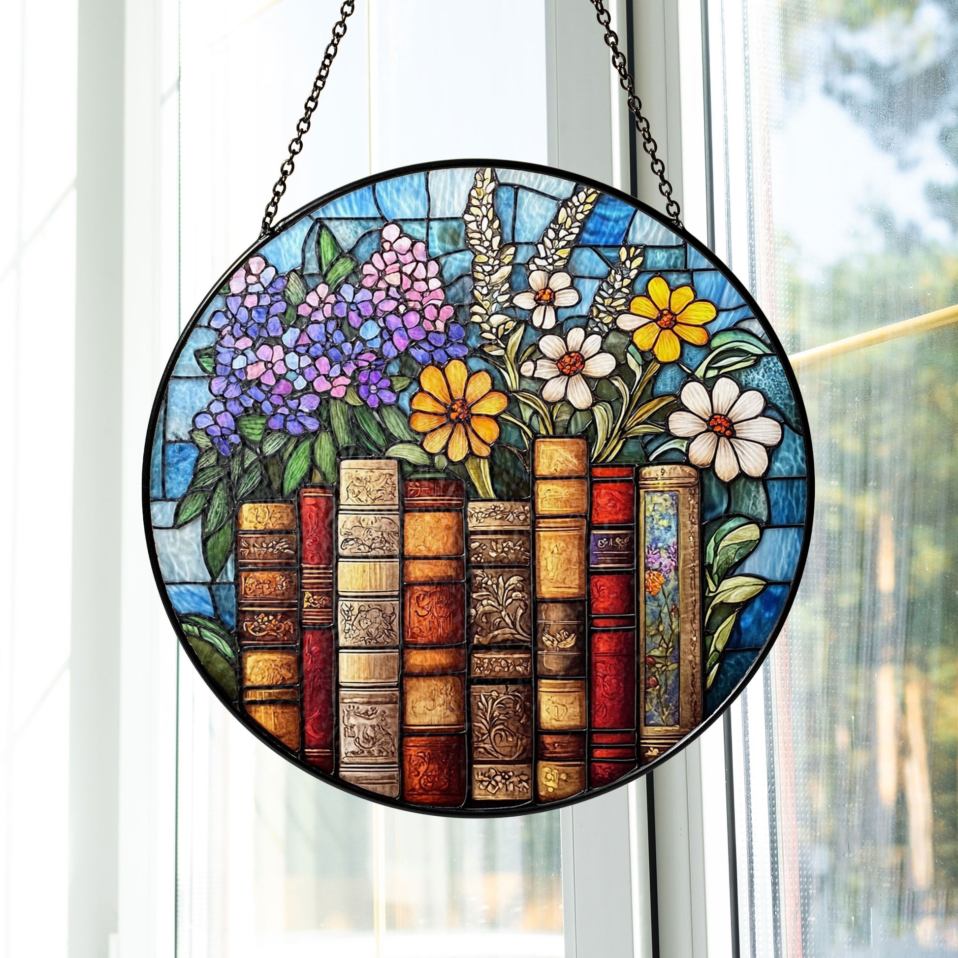Book Flower Window Stained Glass Style, Suncatcher Window Hanging, Bookish Gift