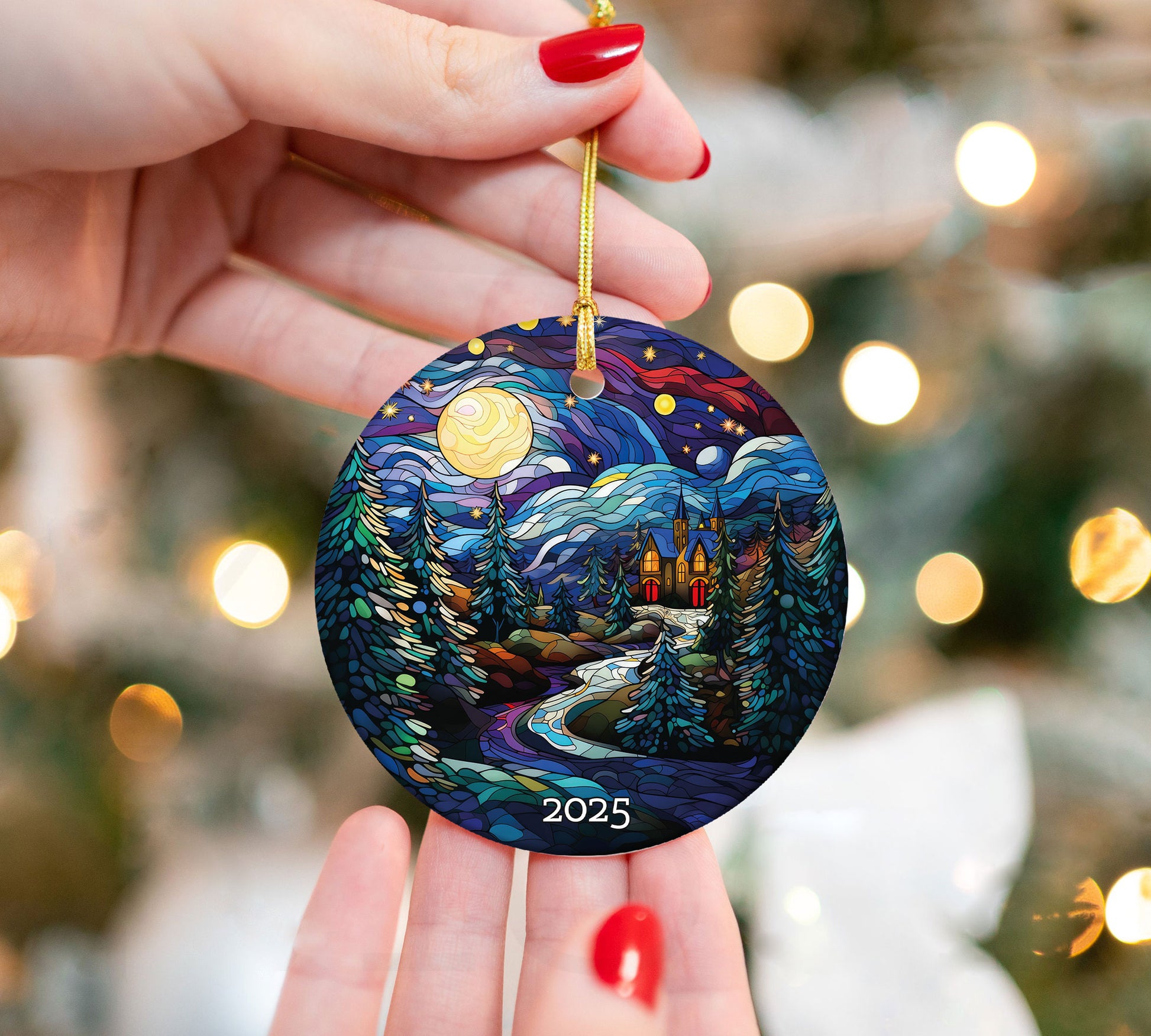 The Night Moon Church Christmas Tree Ornament, Stained Glass Style Ornament, Gift Exchange, Gift Idea, Xmas Church