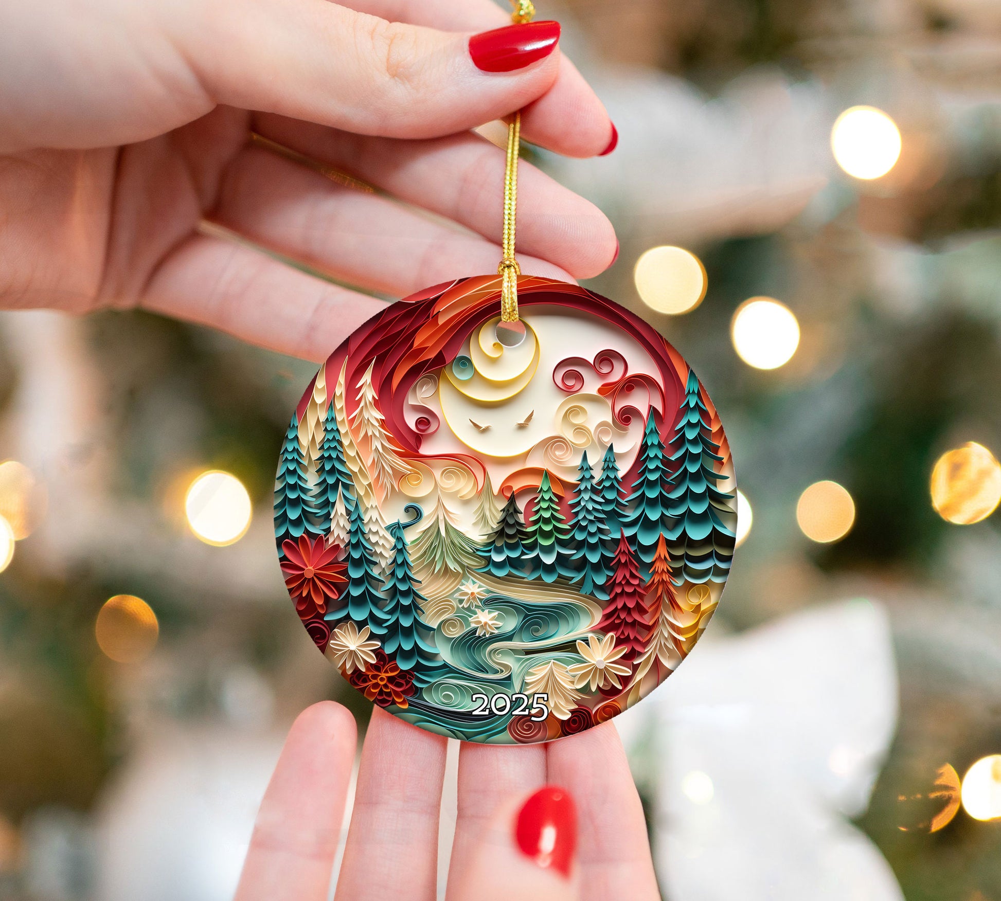 Vibrant Woodland Scene Artistic Christmas Ceramic Ornament