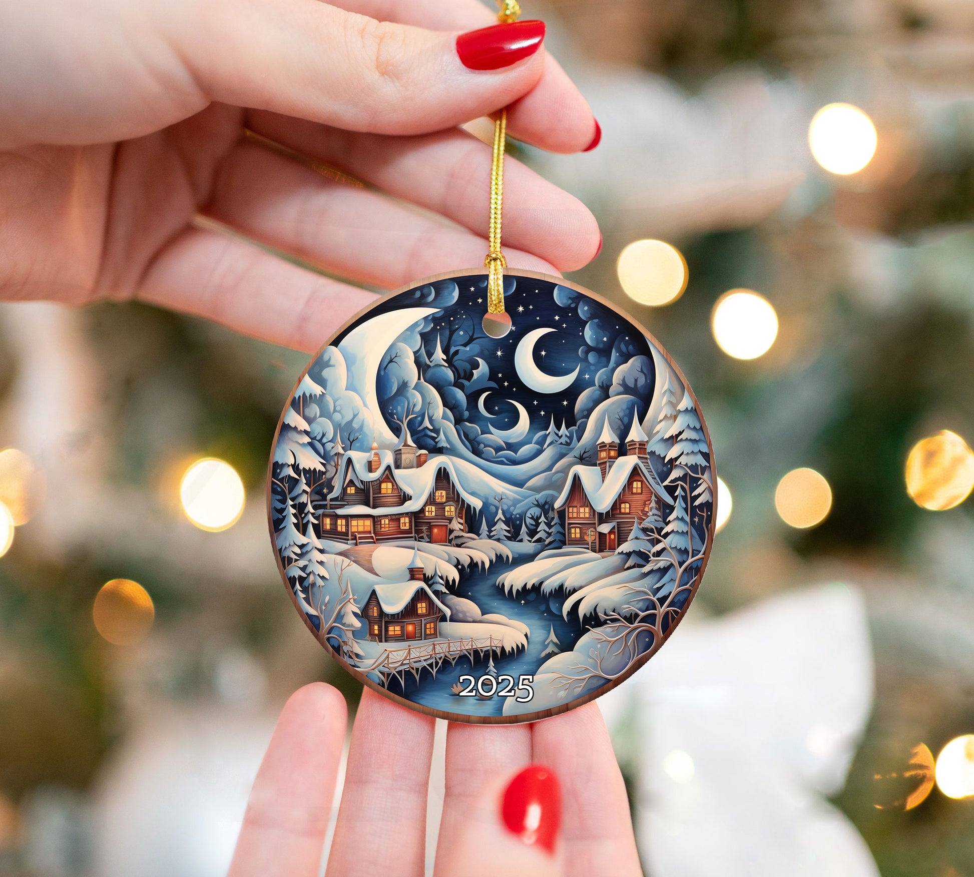 Snowy Village Under Moon and Stars Christmas Ornament