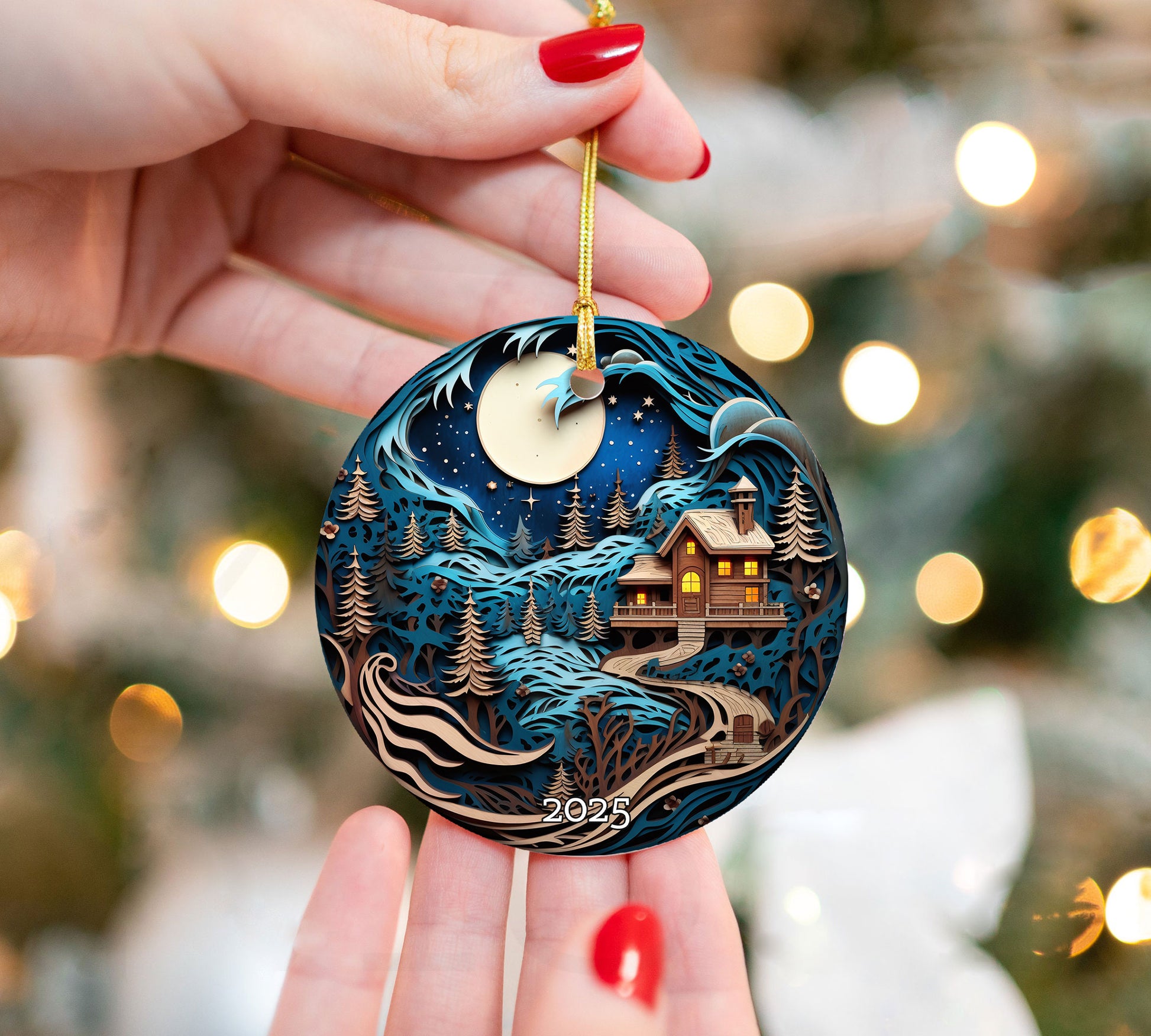 Moonlit Cabin in Snowy Forest Christmas Ornament, Holiday Decor