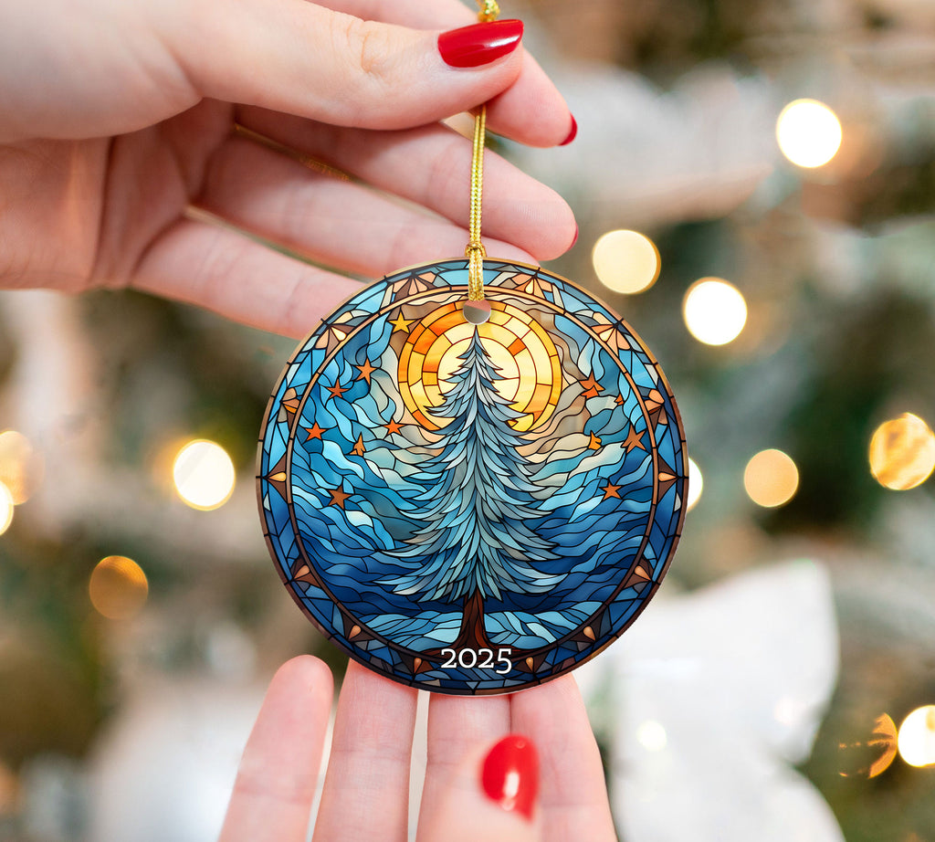 Christmas Tree Blue Tone Stained Glass Style Ceramic Ornament, Holiday Gift Exchanged