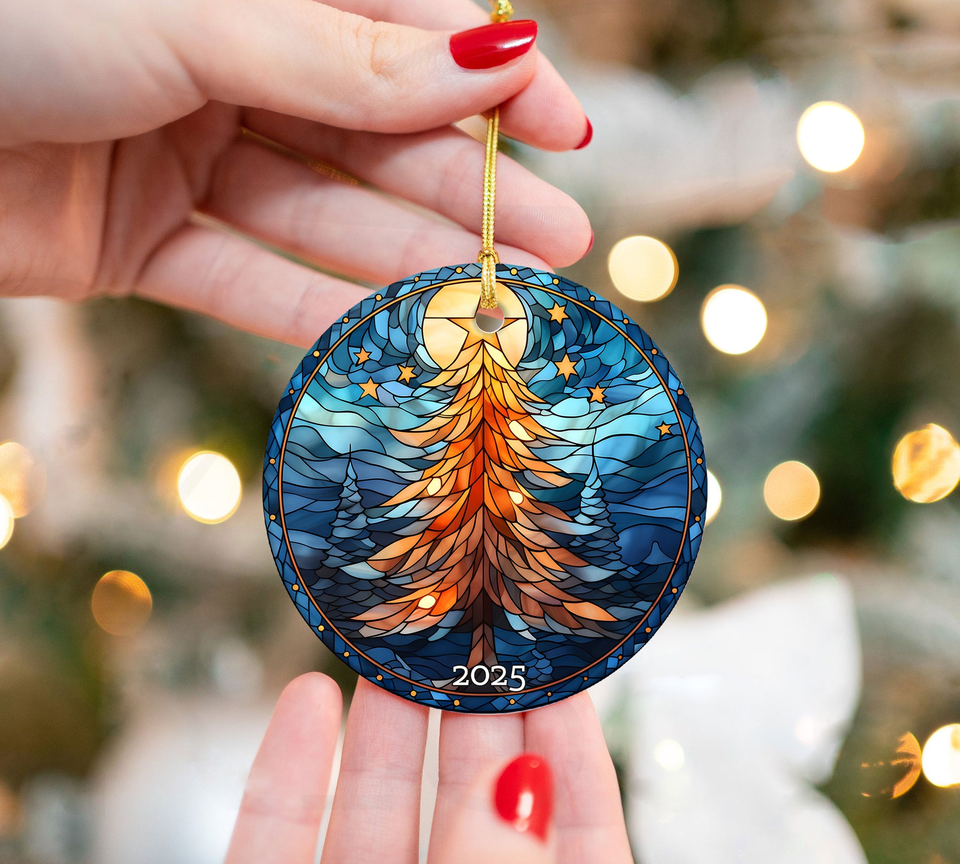 Christmas Tree Stained Glass Style Ceramic Ornament, Family Gift Exchanged, Holiday Decor