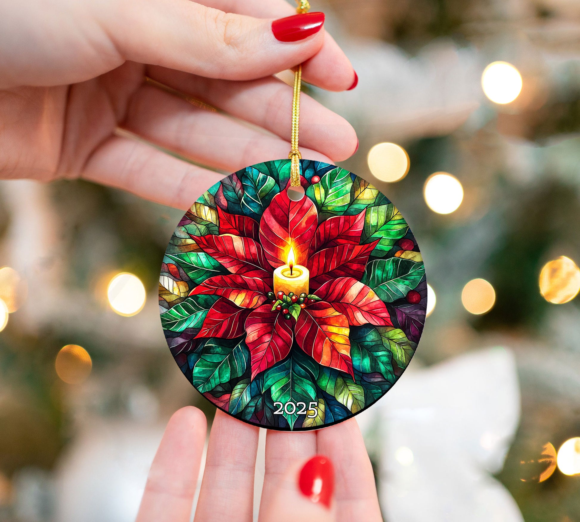 Stained Glass Poinsettia Candle Ornament, Colorful Christmas Keepsake, Festive Floral Holiday Decoration