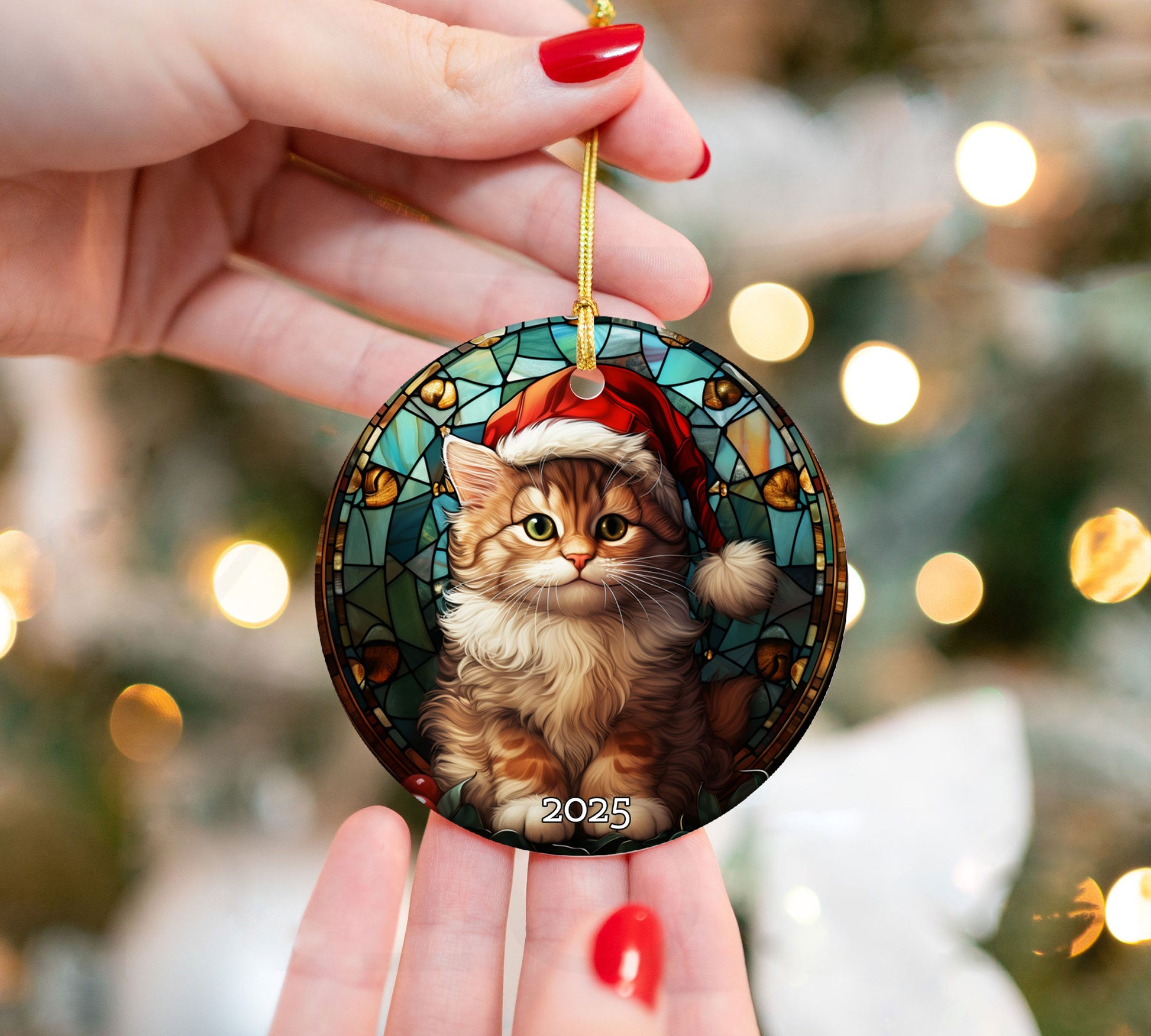 Merry Christmas Cat Stained Glass Ornament, 3D Ornament, Christmas Cat Decor, Cat Lover Cat Mom Gift