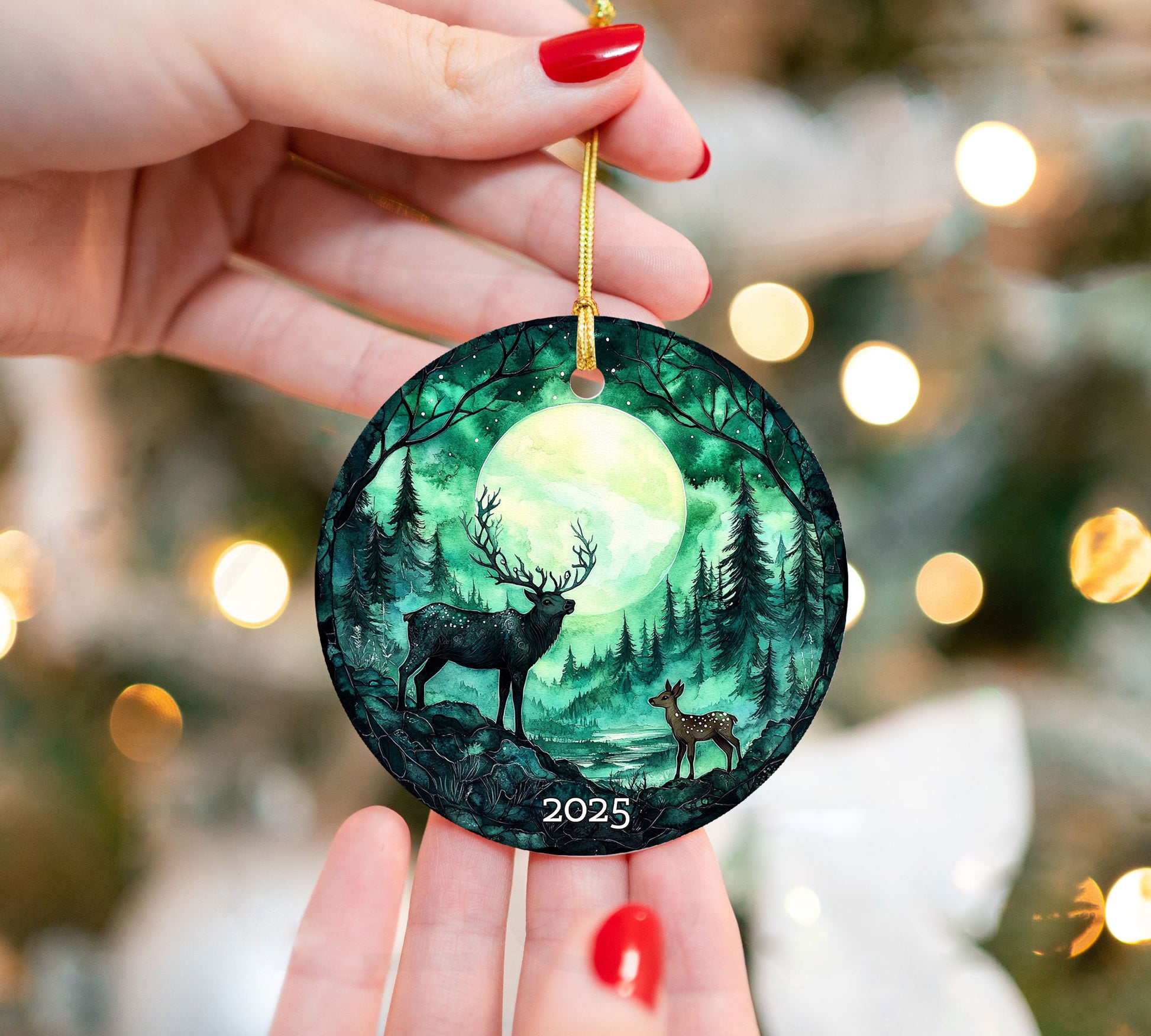 Moonlit Forest Deer Ornament 2025, Winter Scene Christmas Keepsake, Holiday Decor