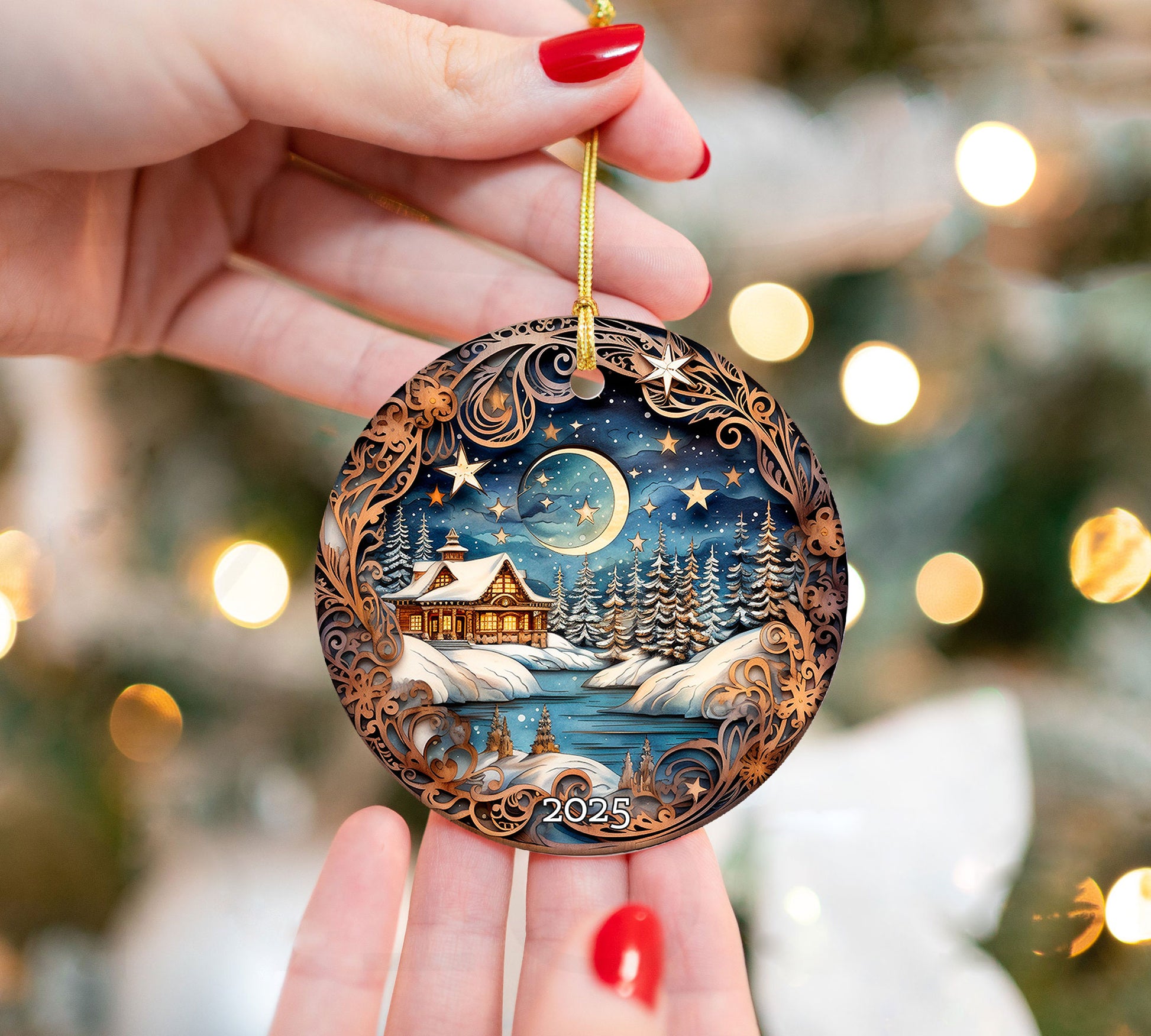 Vintage Cozy Cabin Christmas Ornament, Gift For Family, Tree Ornament