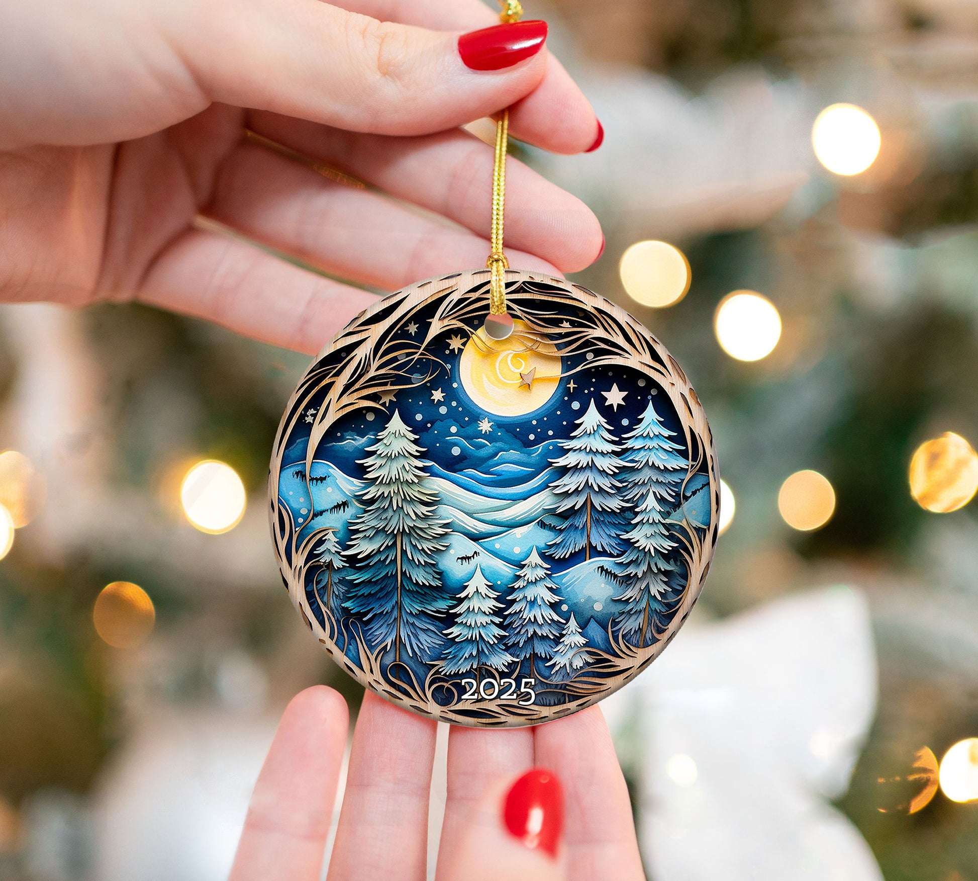 Christmas Night Winter Landscape Tree Decoration Ornament, Holiday Keepsake Gift for Nature Lovers