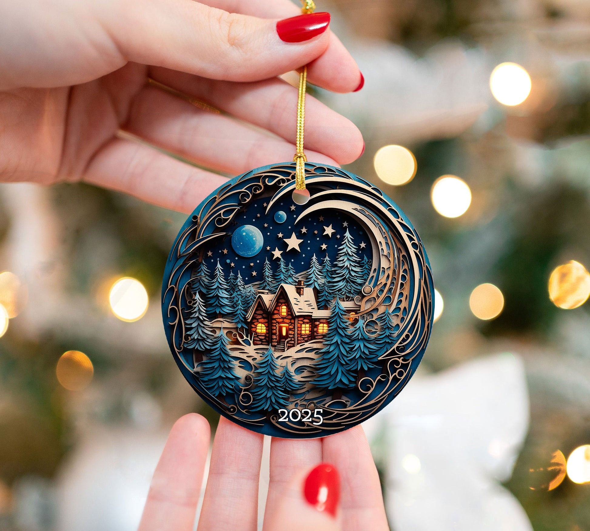 Cozy Cabin Christmas Ornament, Starry Sky Holiday Keepsake, Rustic Home Decor Gift for Nature Lovers