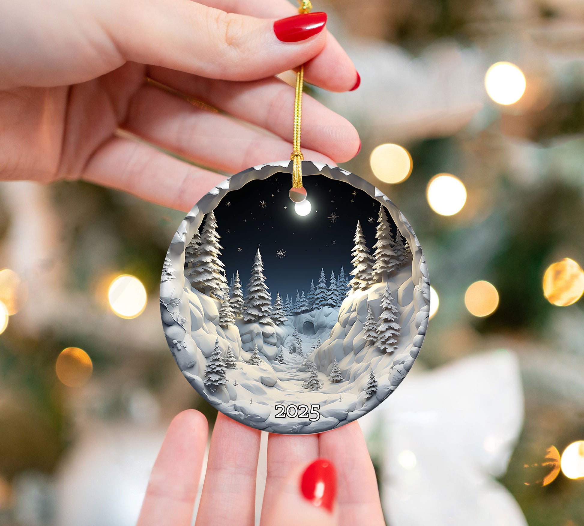 Snowy Forest Under Full Moon Serene Winter Ornament, Christmas Ornament 2025