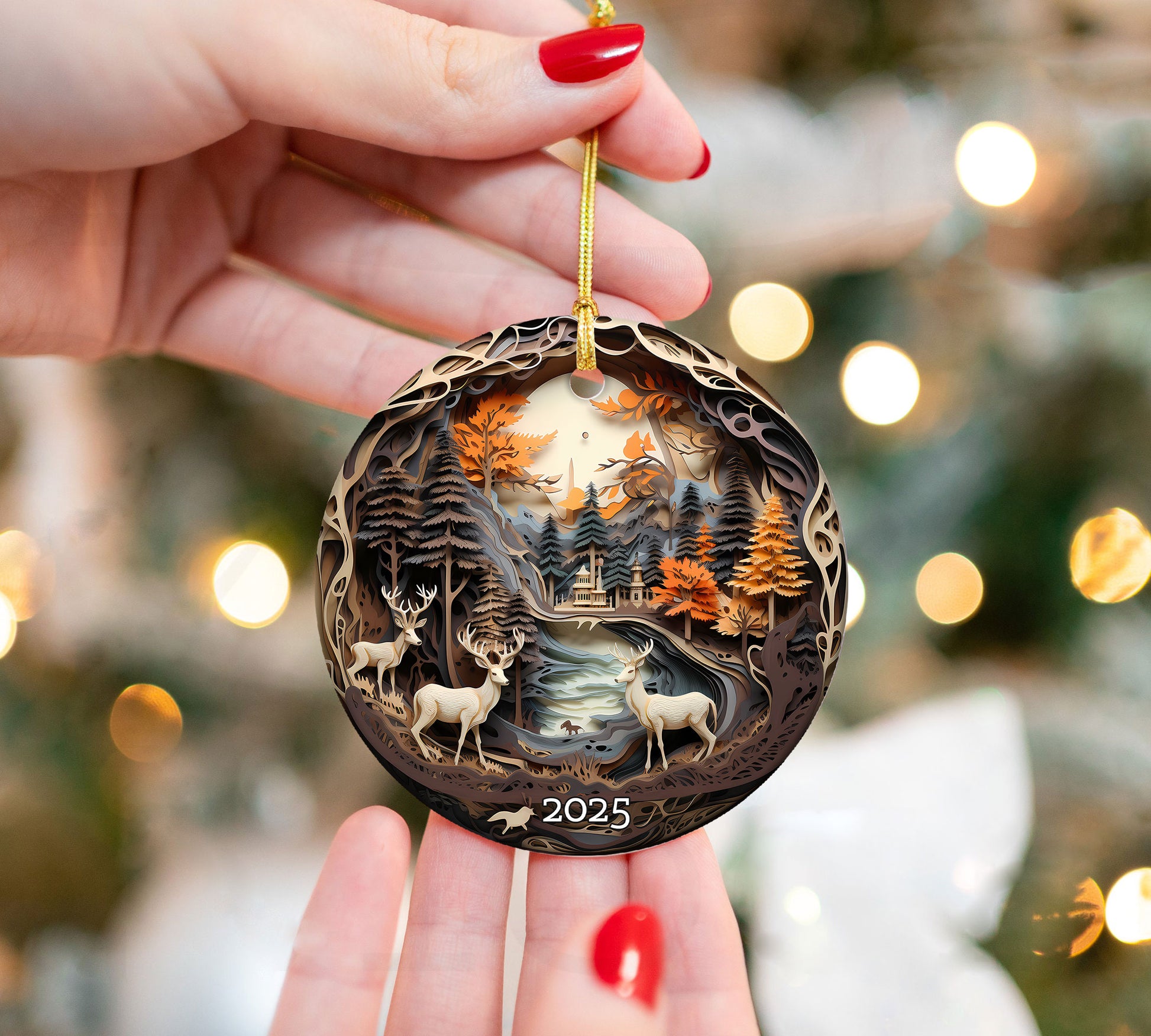 Winter Deer Scene Ornamen, Unique Keepsake for Rustic Holidays, Christmas Gift