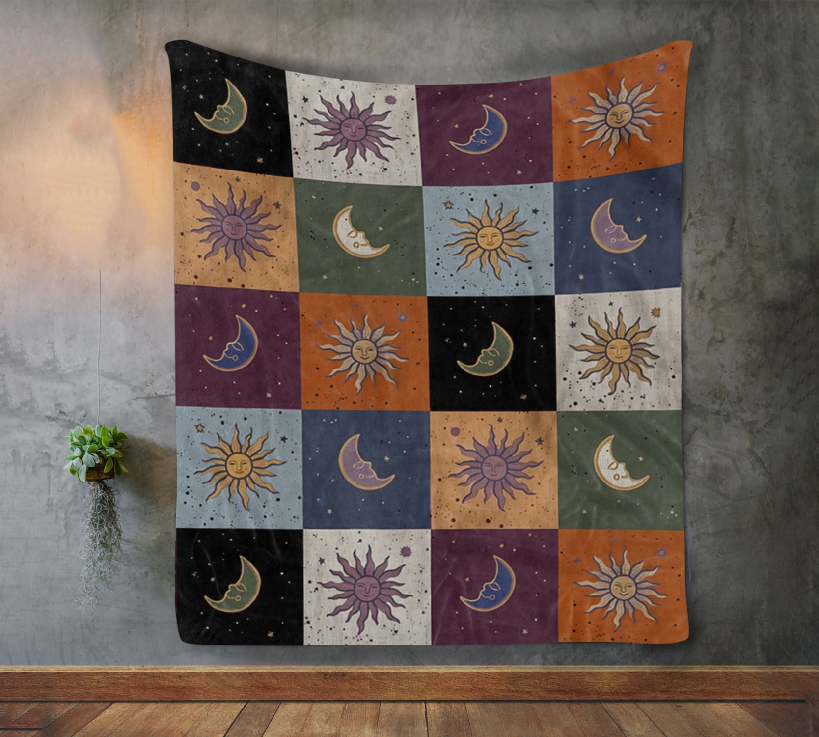 Mystic Sun Moon Boho Style, Celestial Checkerboard Throw Blanket