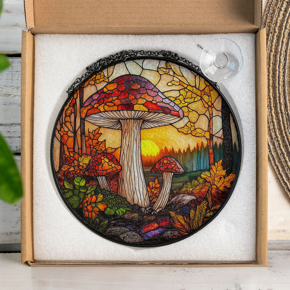 Sunset Mushroom Suncatcher, Window Stained Glass Style, Mushrooms for Home Decoration