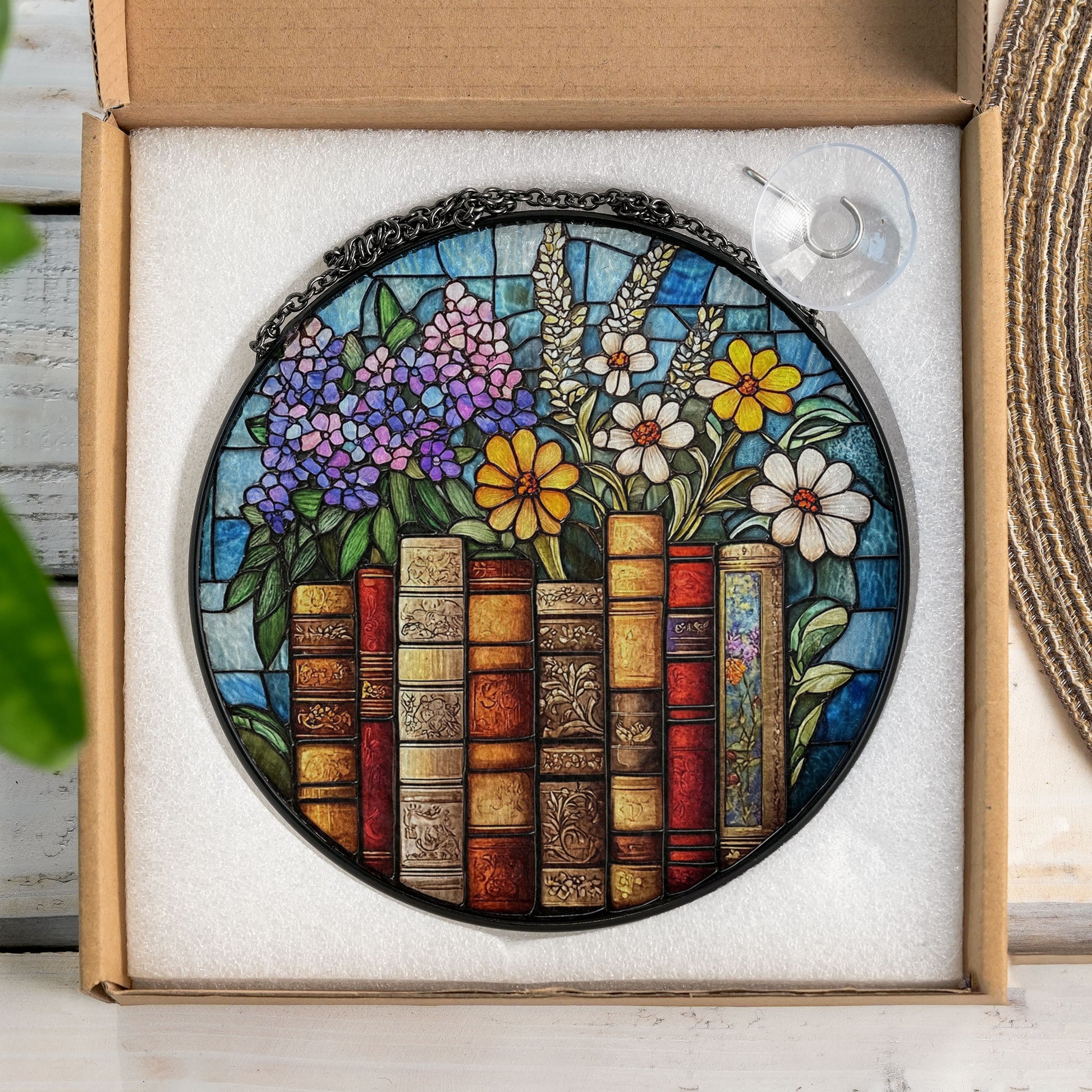 Book Flower Window Stained Glass Style, Suncatcher Window Hanging, Bookish Gift