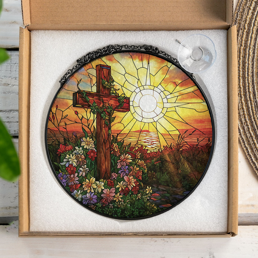 Cross Sunset Window Glass, Suncatcher Window Hanging