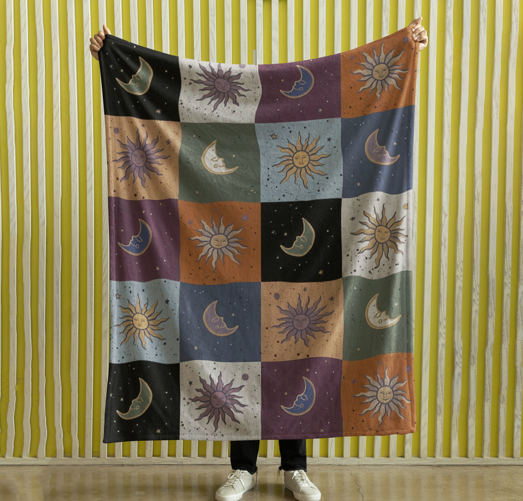 Mystic Sun Moon Boho Style, Celestial Checkerboard Throw Blanket