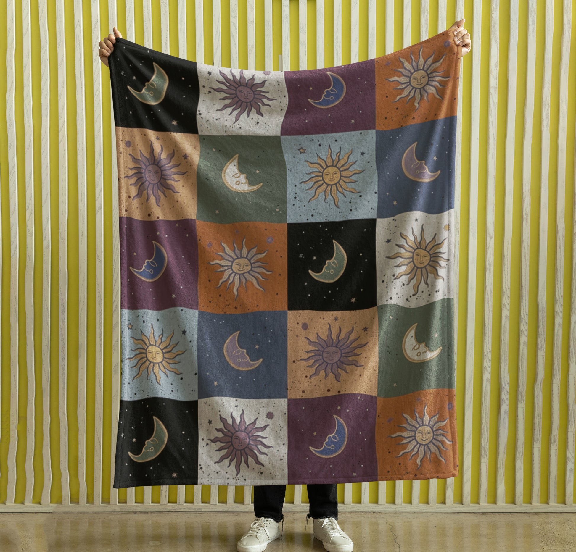 Mystic Sun Moon Boho Style, Celestial Checkerboard Throw Blanket