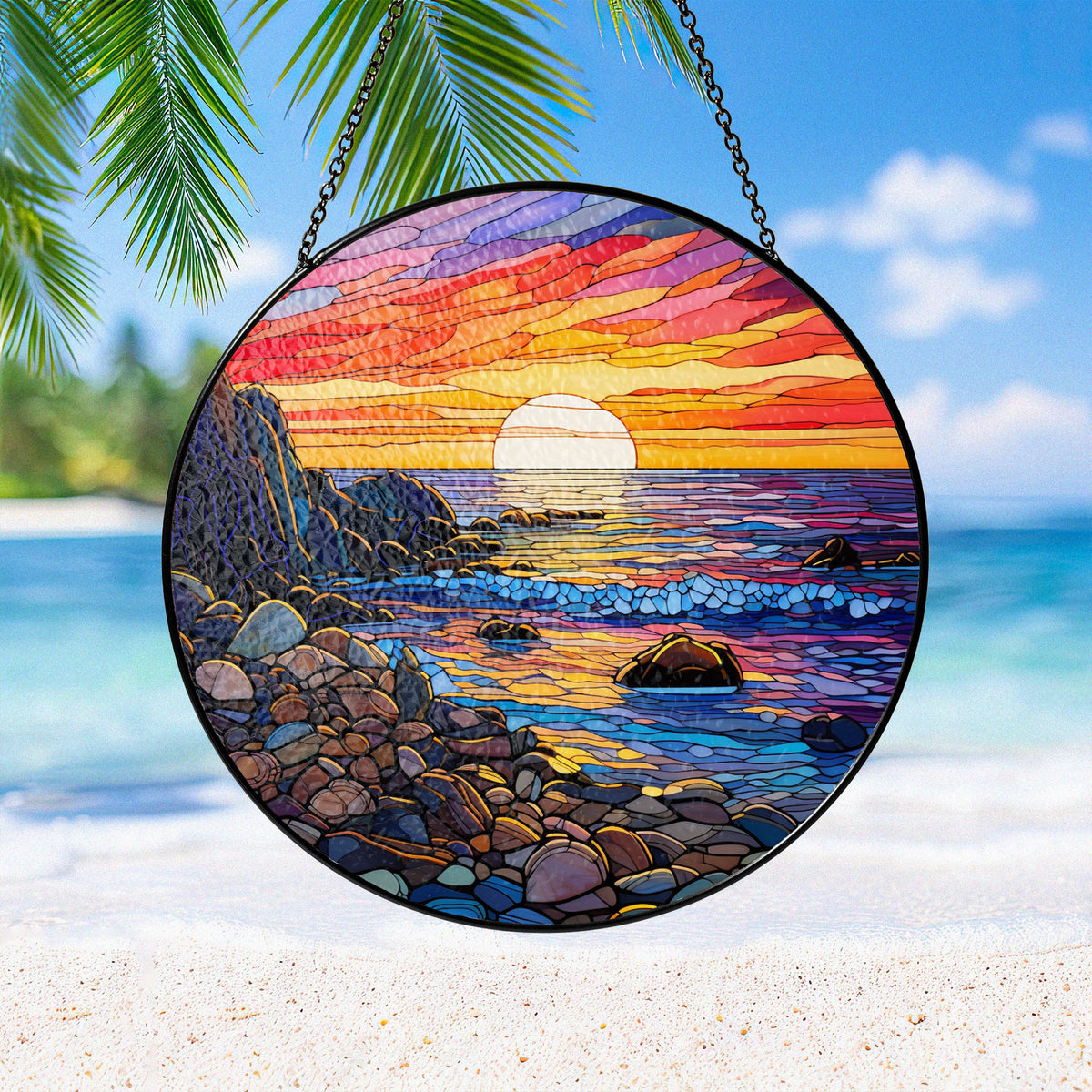 Waves on The Beach Suncatcher, Stained Glass Window Hanging, , Beach Lover House Wall Hanger