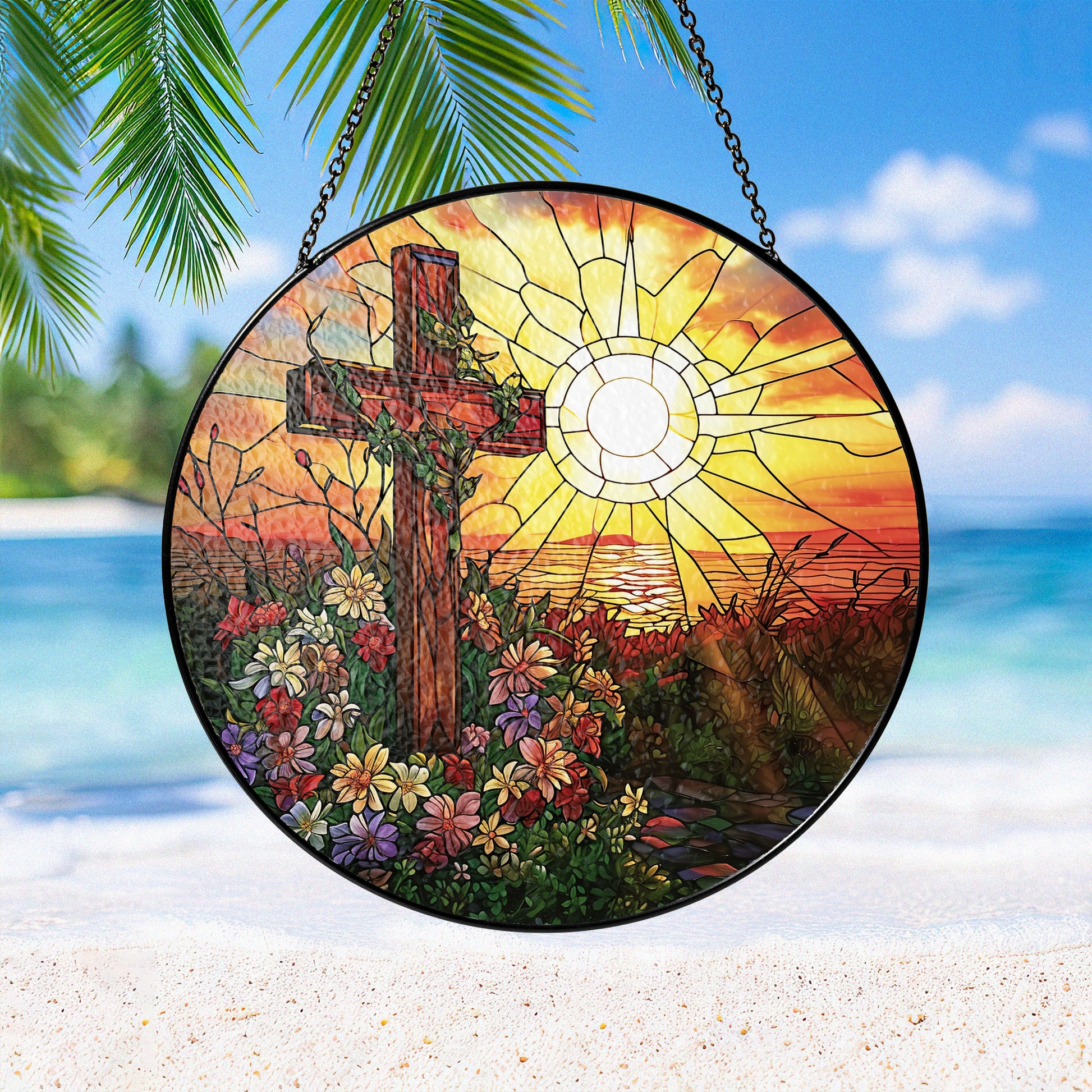 Cross Sunset Window Glass, Suncatcher Window Hanging