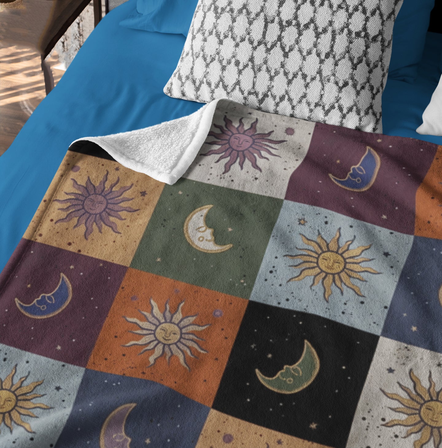 Mystic Sun Moon Boho Style, Celestial Checkerboard Throw Blanket