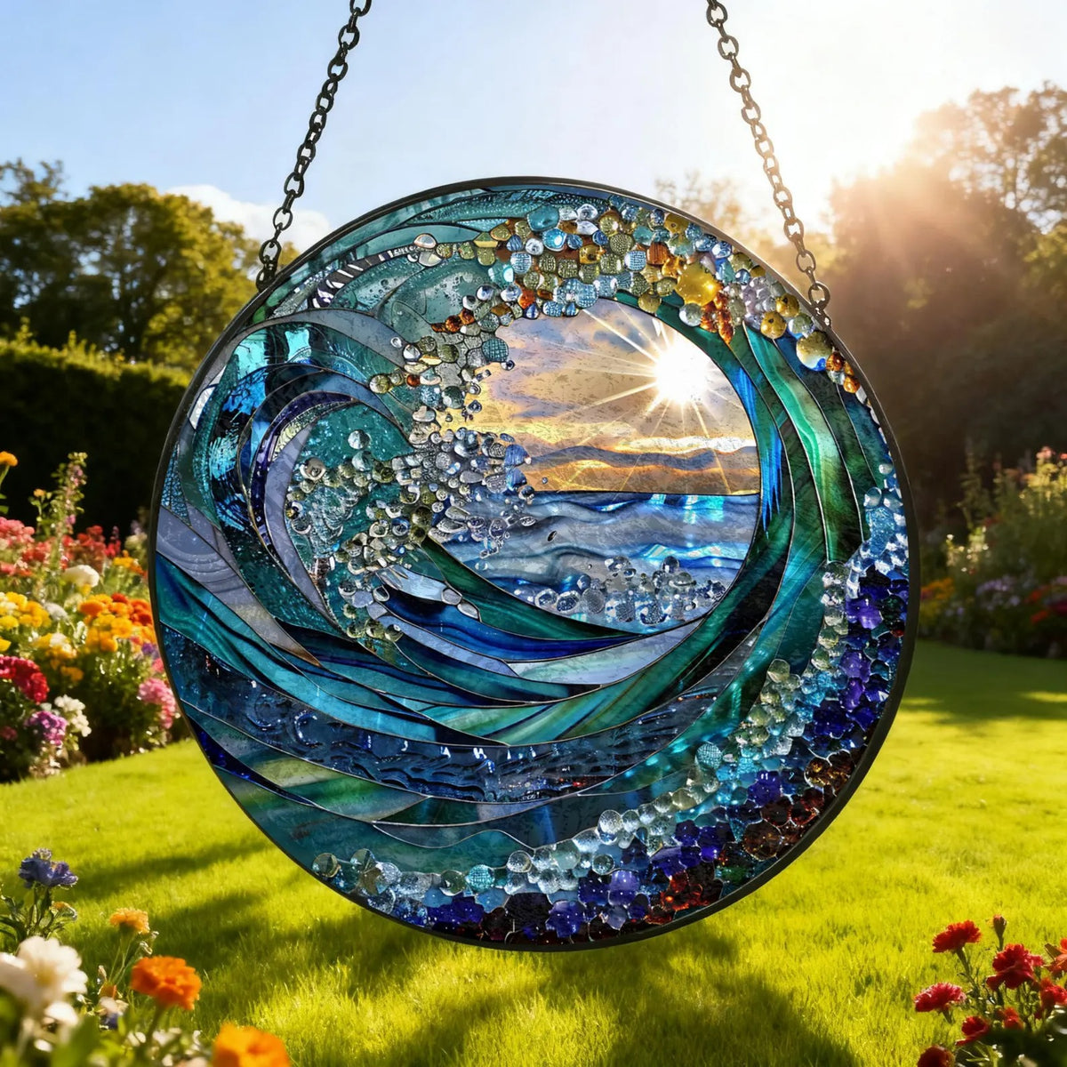 Ocean Wave Stained Glass Suncatcher Beach Coastal Glass Suncatcher Handmade