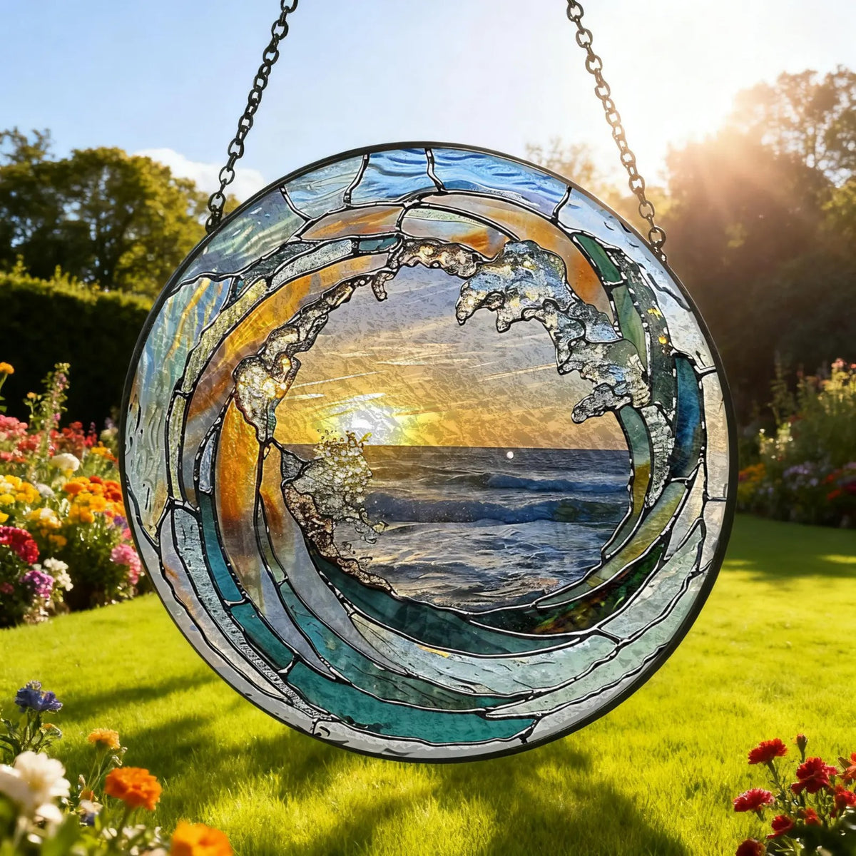 Ocean Wave Stained Glass Suncatcher Beach Coastal Glass Suncatcher Handmade