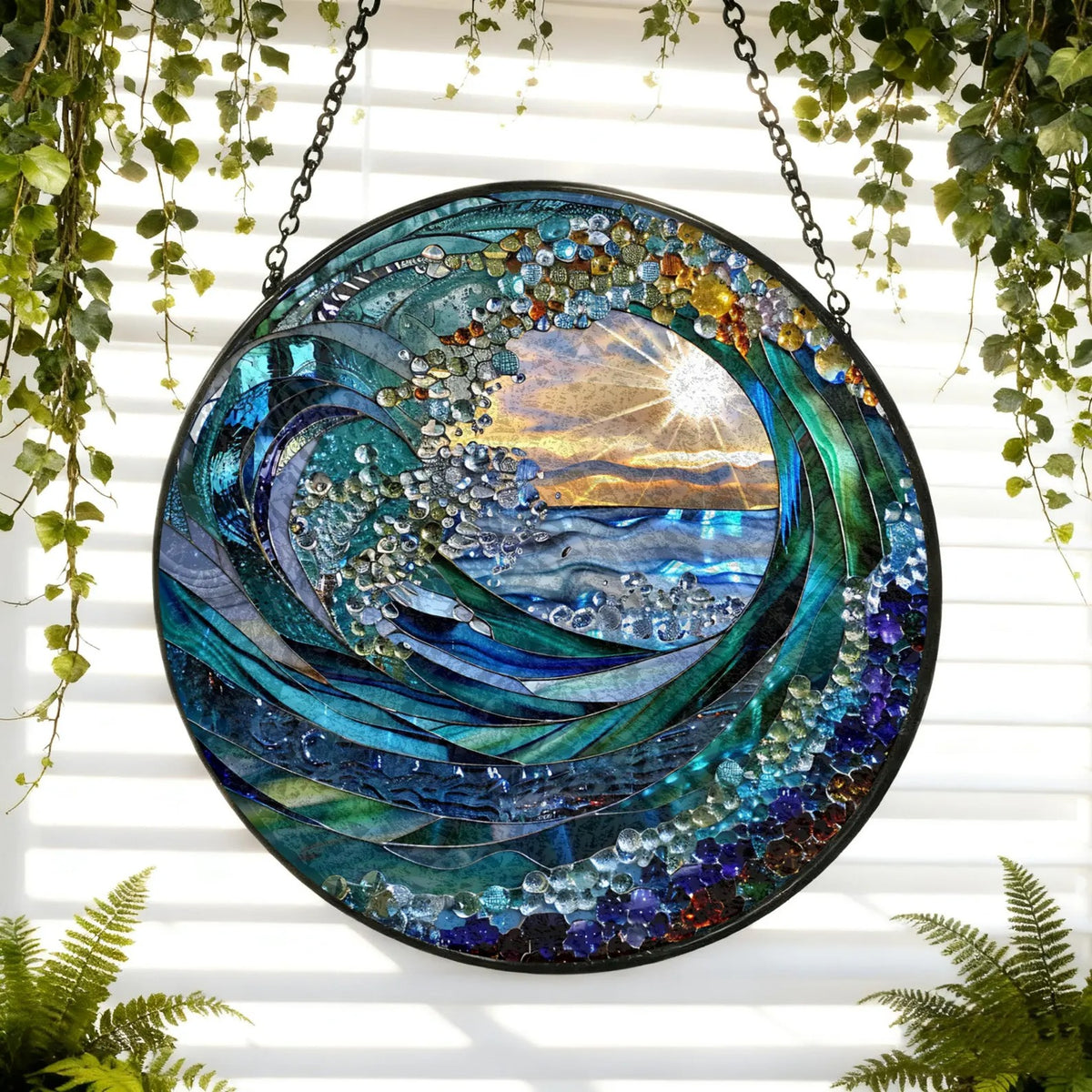 Ocean Wave Stained Glass Suncatcher Beach Coastal Glass Suncatcher Handmade
