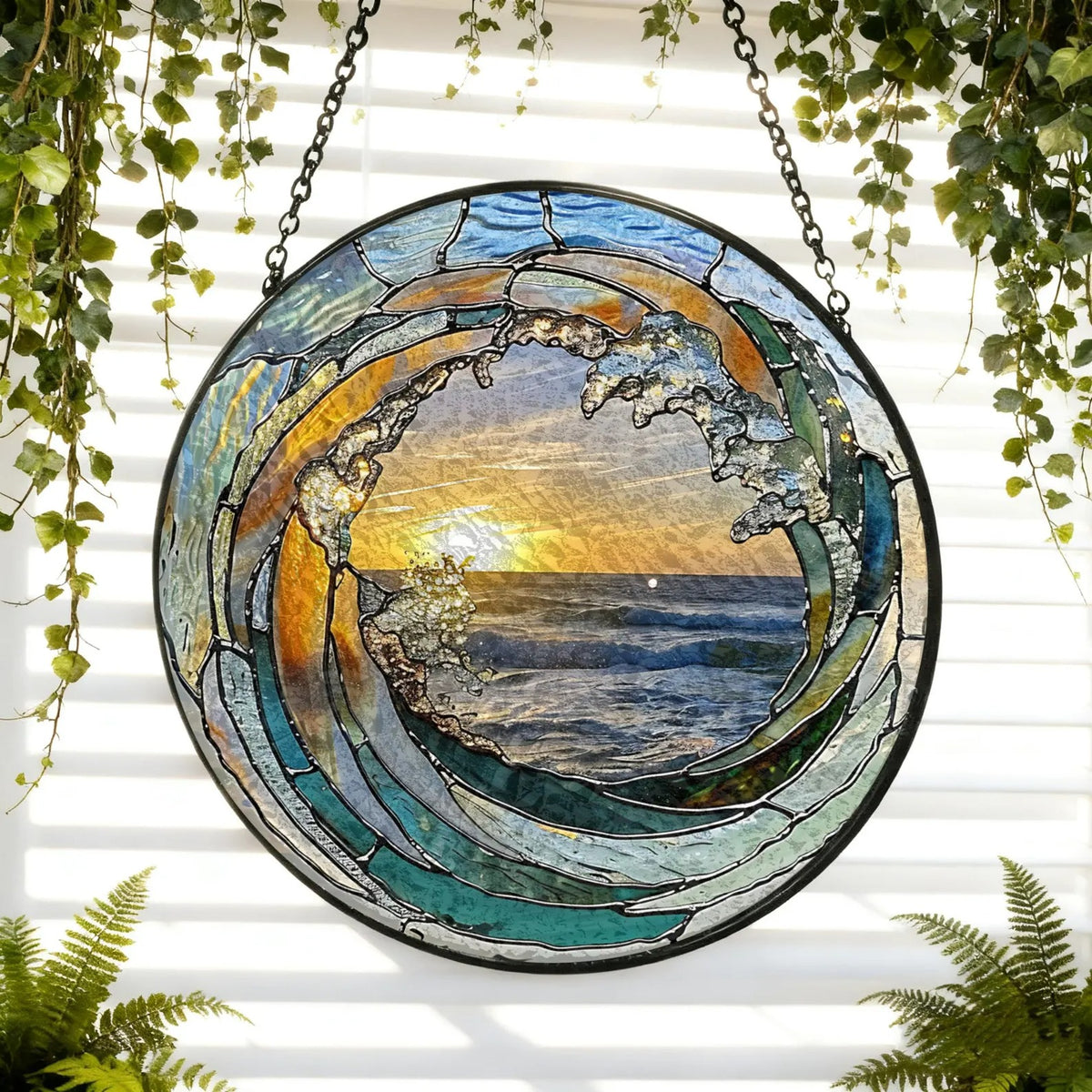 Ocean Wave Stained Glass Suncatcher Beach Coastal Glass Suncatcher Handmade