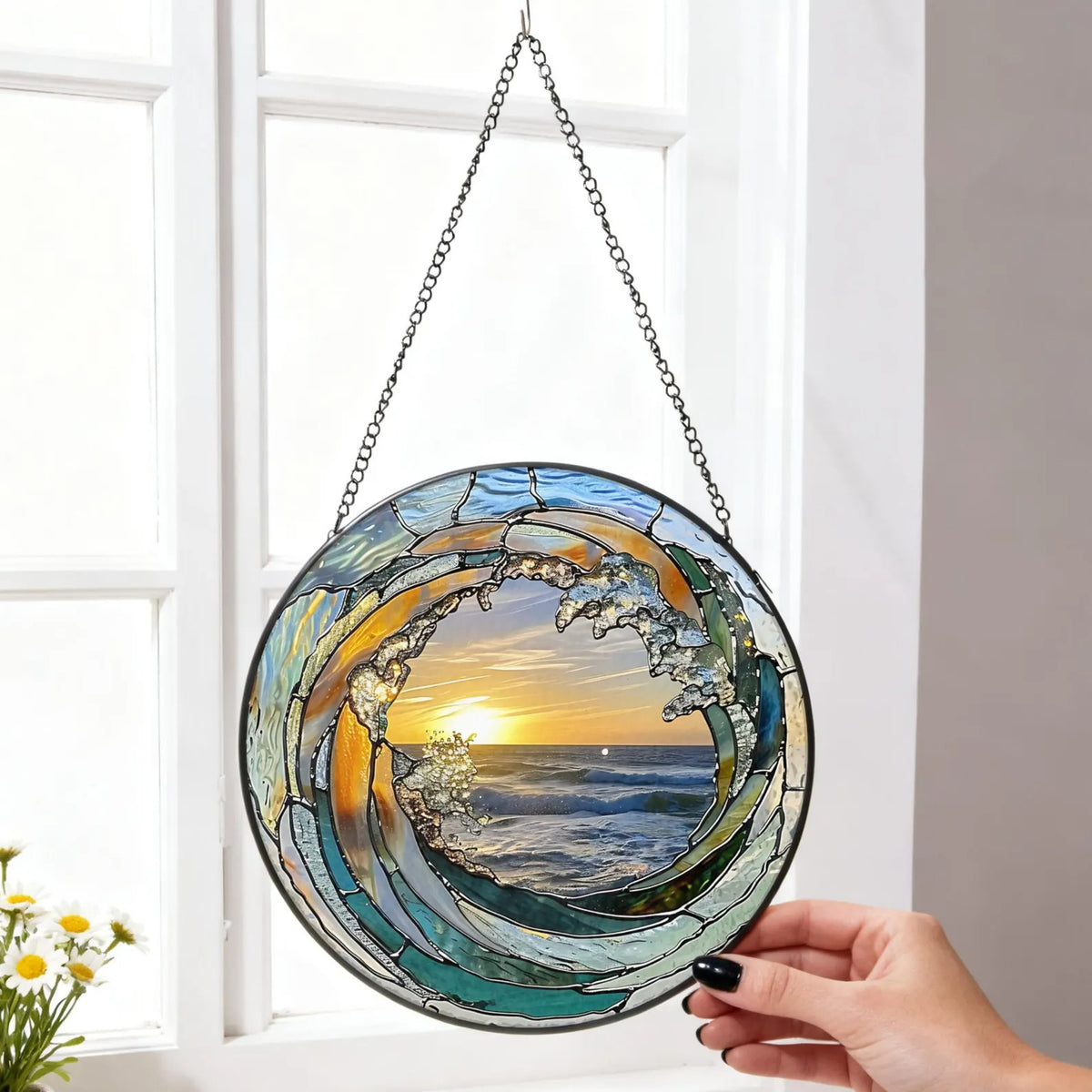 Ocean Wave Stained Glass Suncatcher Beach Coastal Glass Suncatcher Handmade