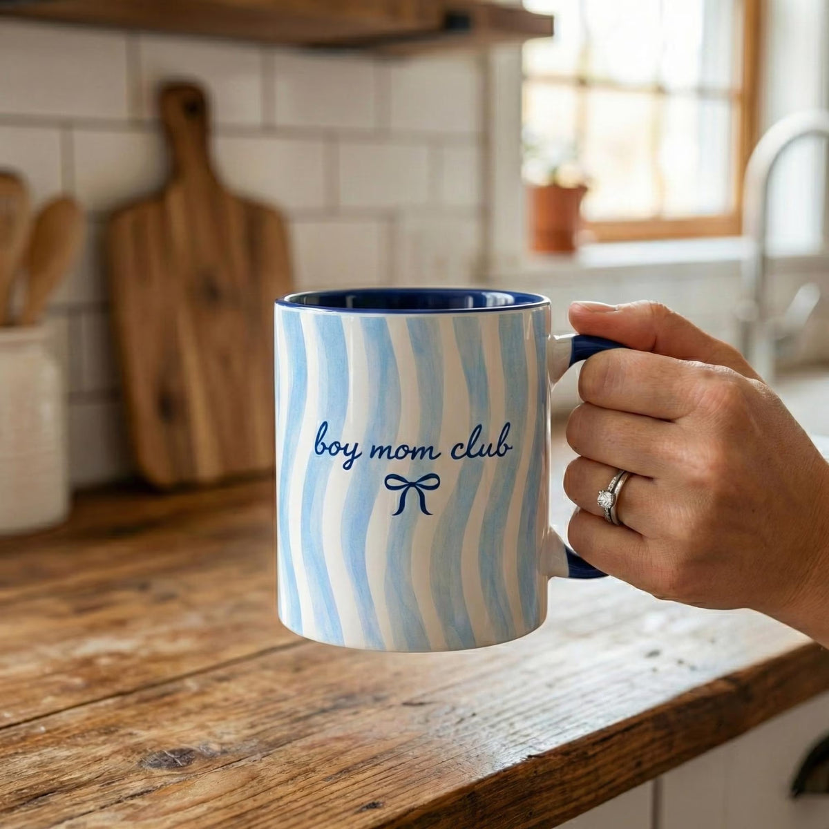 Blue Coquette Boy Mom Club Ceramic Mug: Blue Stripe Coffee Cup