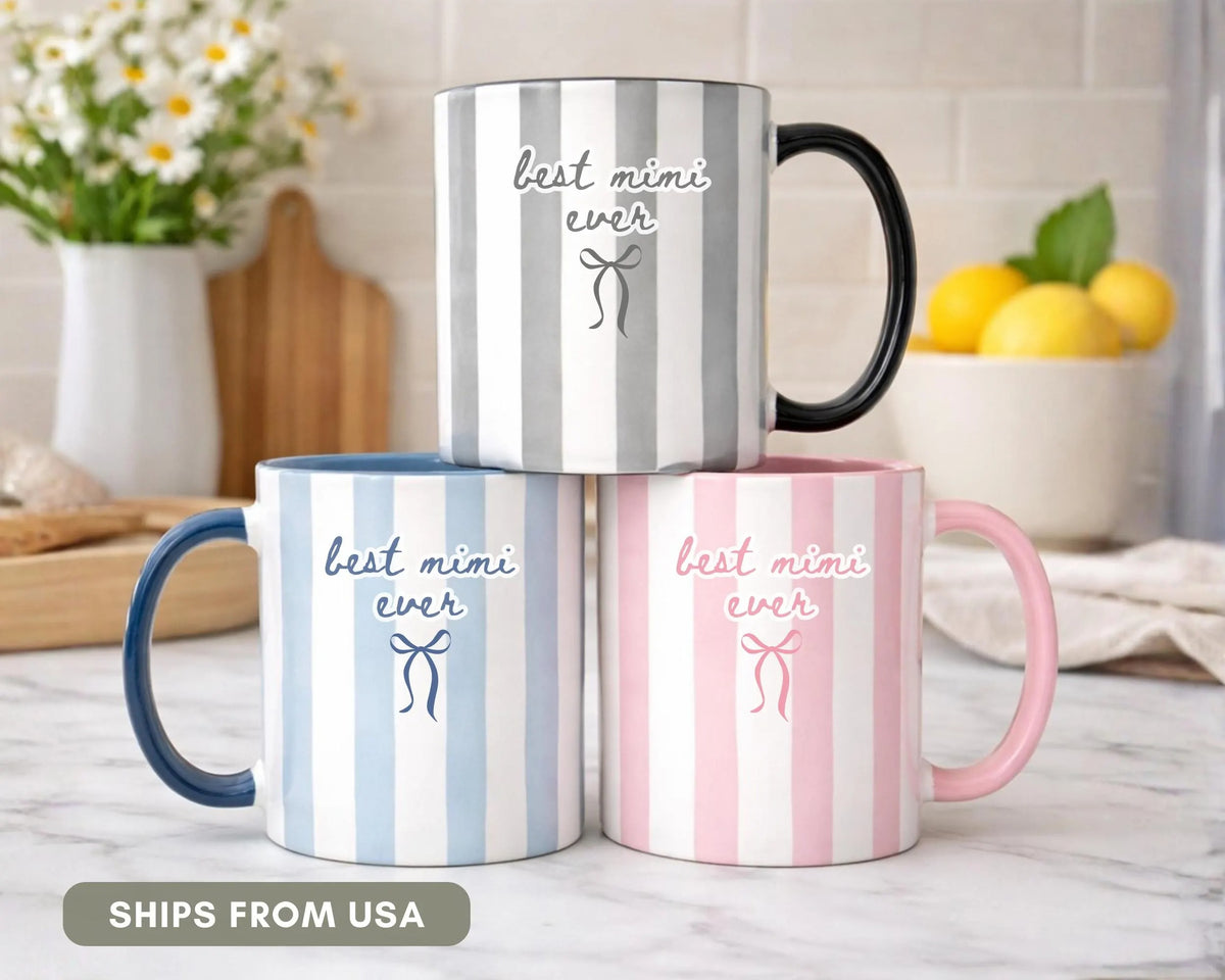 Best Mimi Ever Ceramic Mug, Color Stripe Coffee Cup Coquette Style Drinkware, Baby Announcement Gift